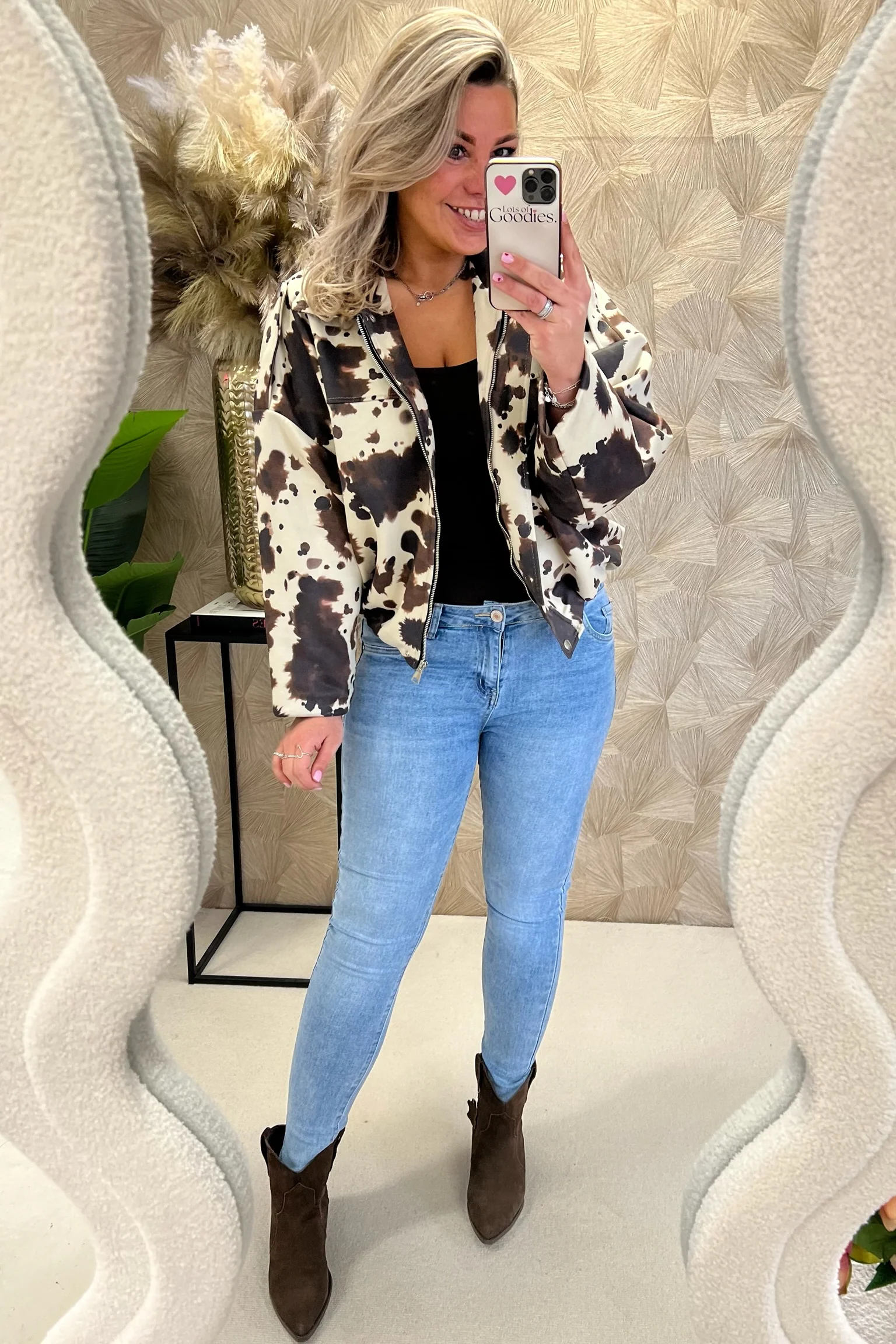 Suedine Cow Print Bomber - Beige/Brown