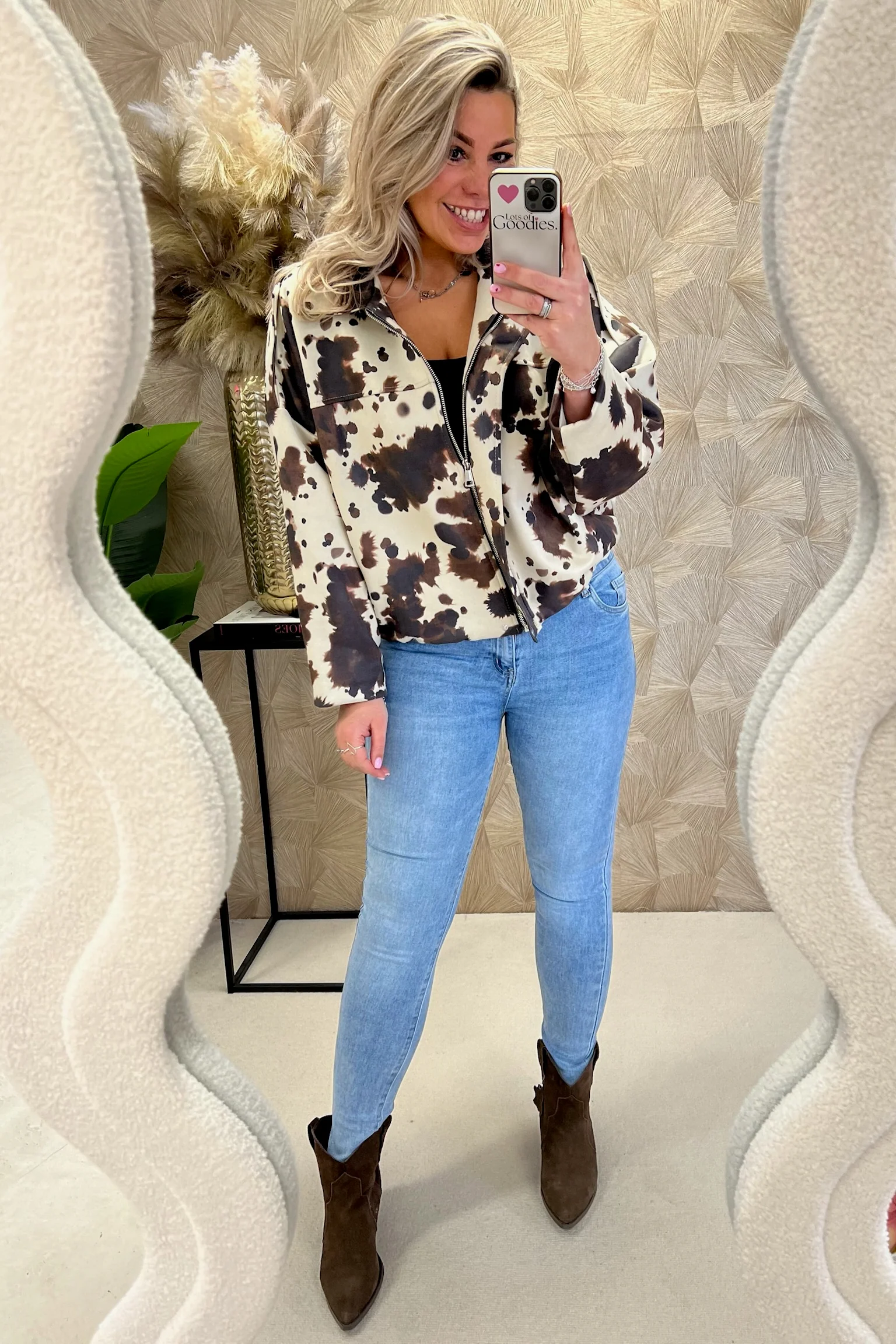 Suedine Cow Print Bomber - Beige/Brown - Image 2