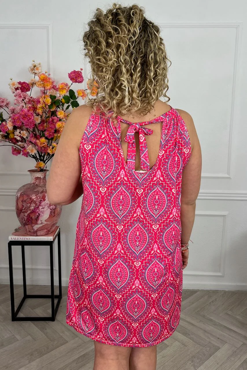 Summer Halter Print Dress - Red/Fuchsia - Image 2