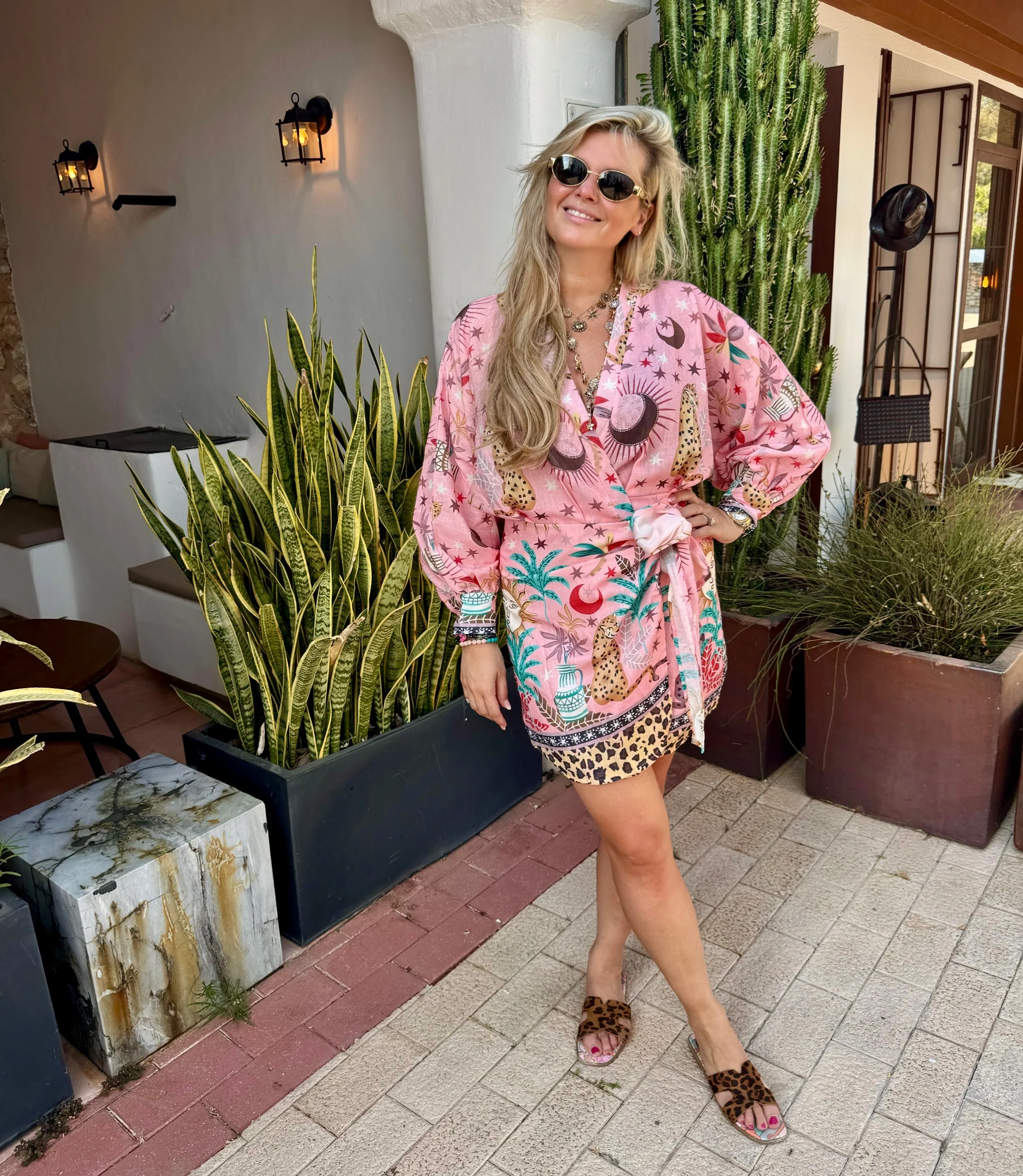 Summer Print Wrap Dress - Pink/Leopard - Image 3