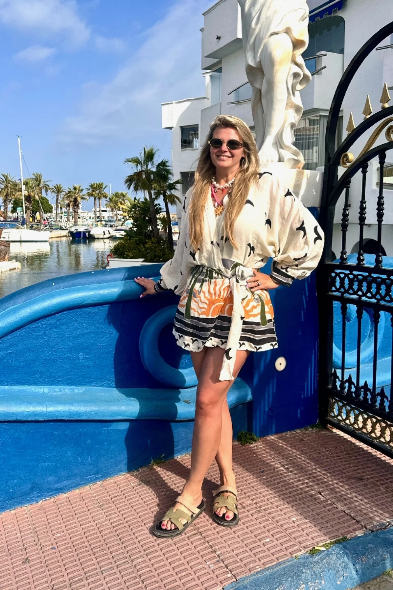 Summer Print Wrap Dress - White/Black/Orange - Image 2