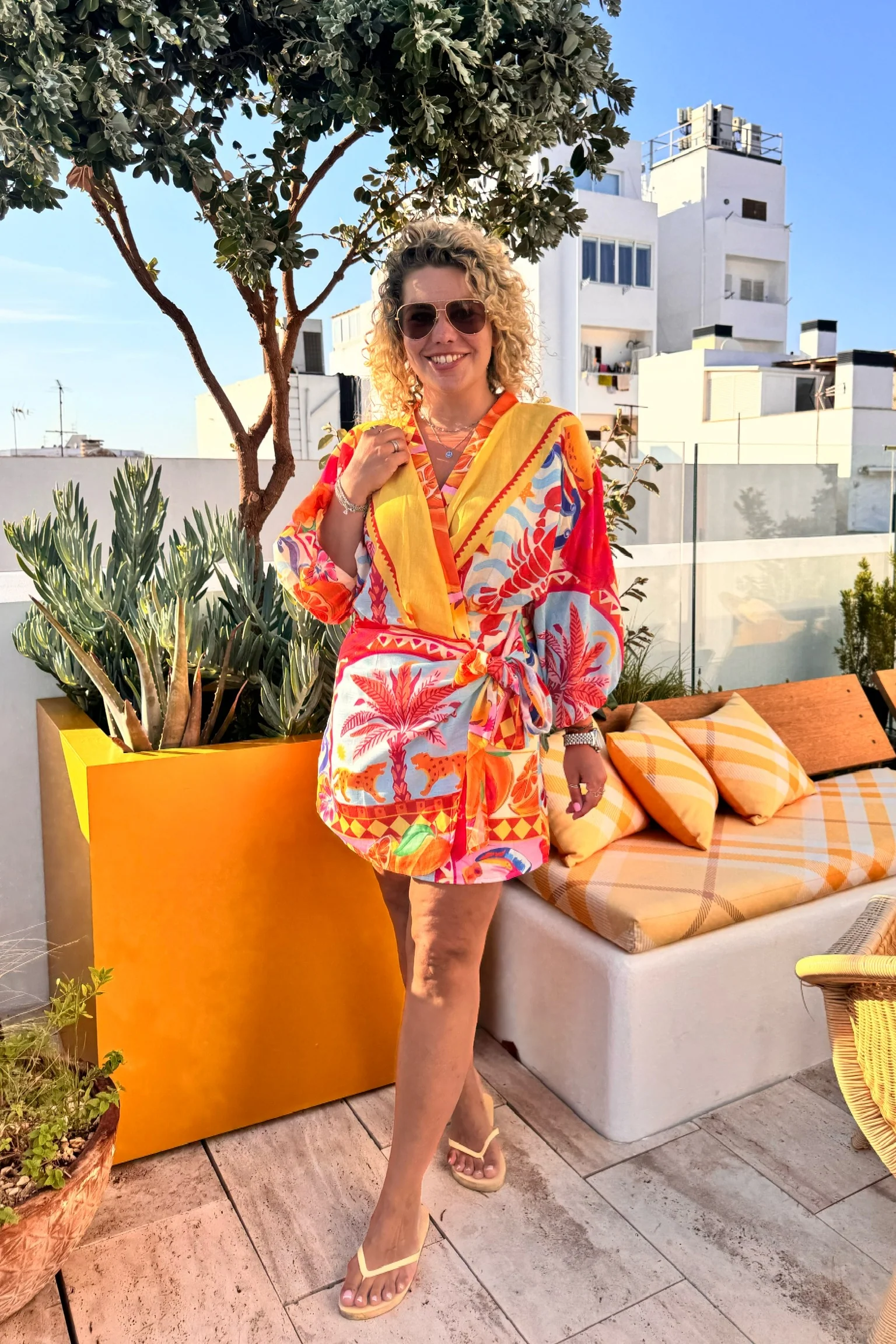 Summer Print Wrap Dress - Yellow/Blue/Red - Image 2