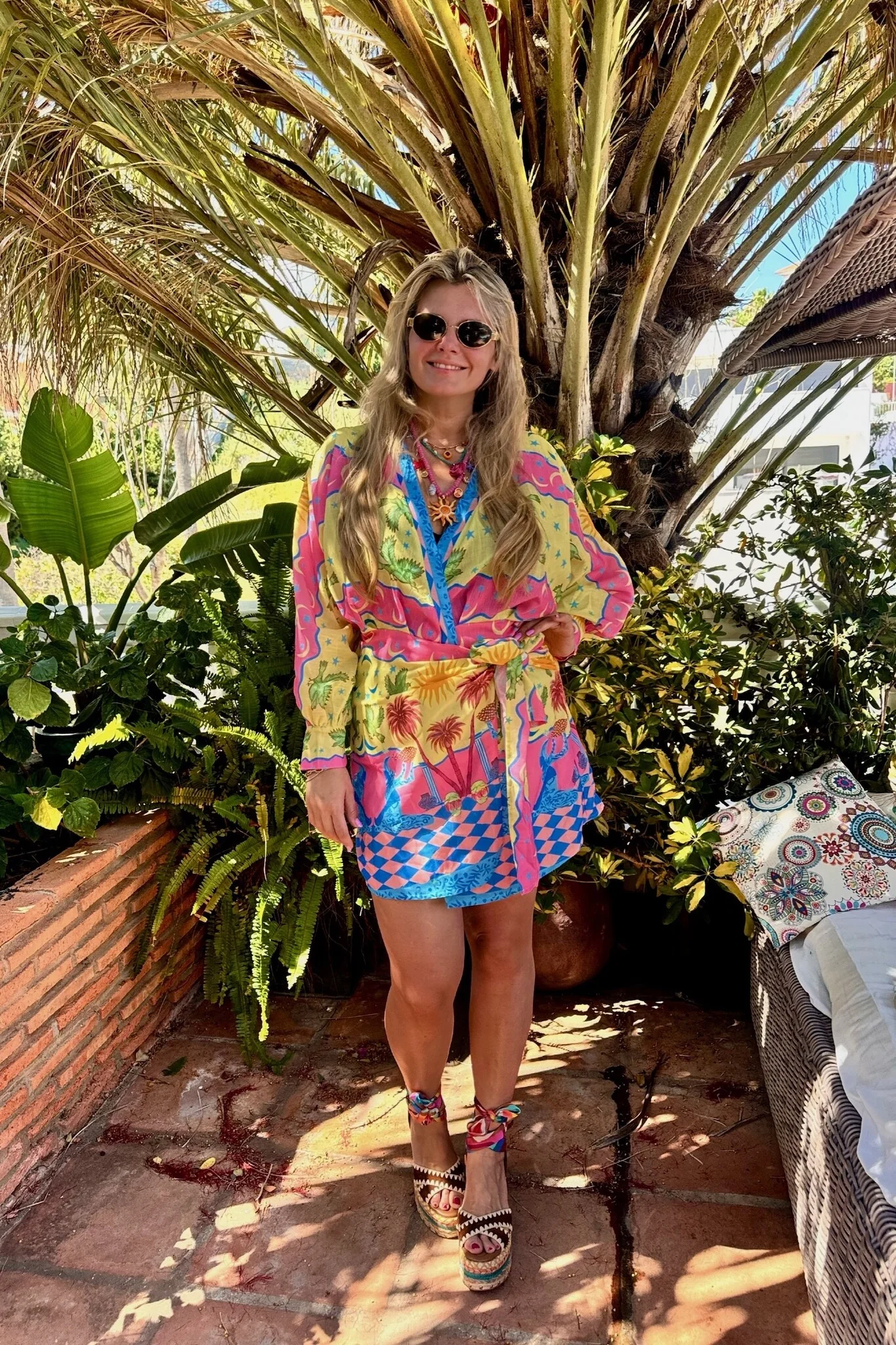 Summer Print Wrap Dress - Yellow/Multicolor