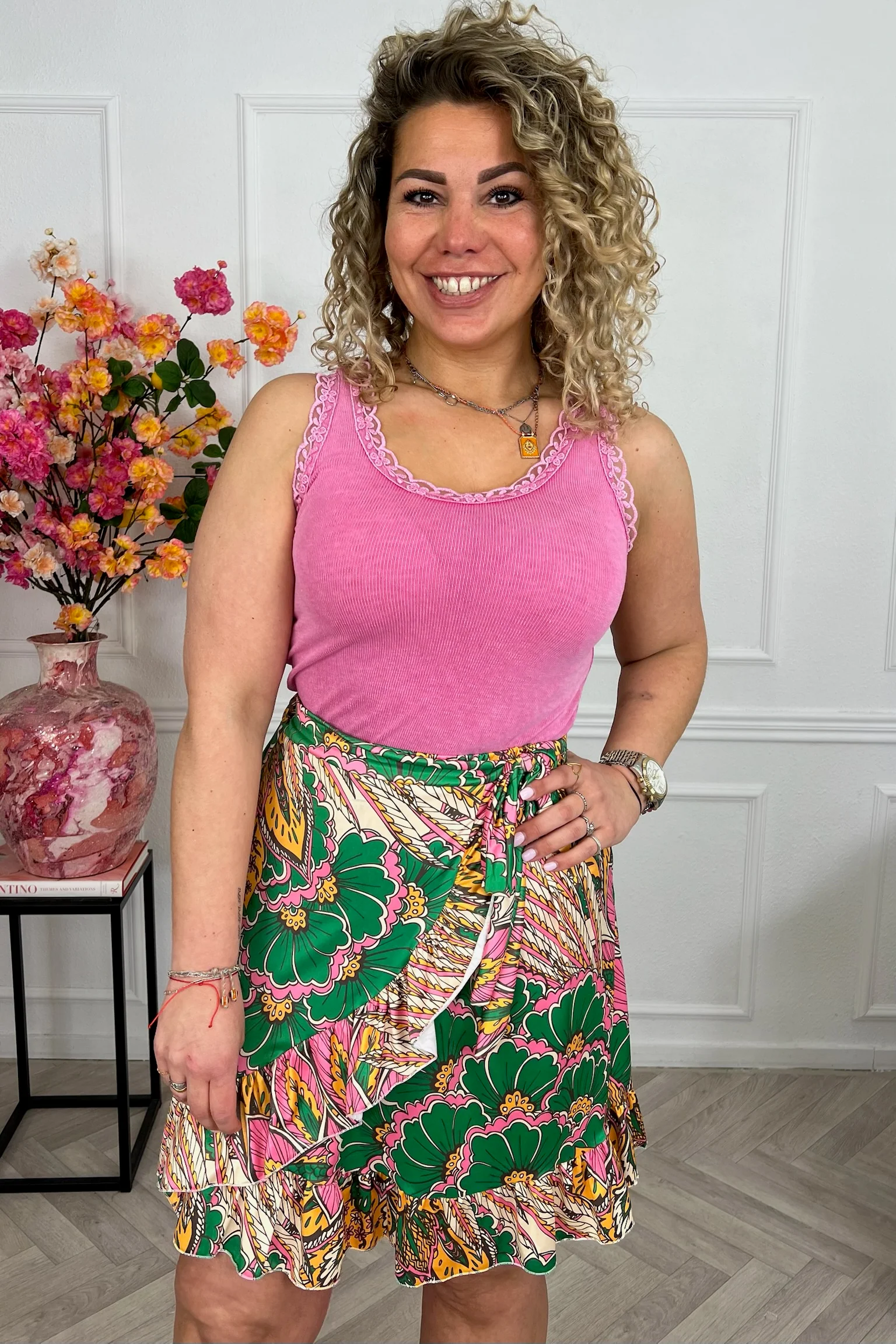 Summer Spanish Peacock Skirt - Pink/Green - Image 2