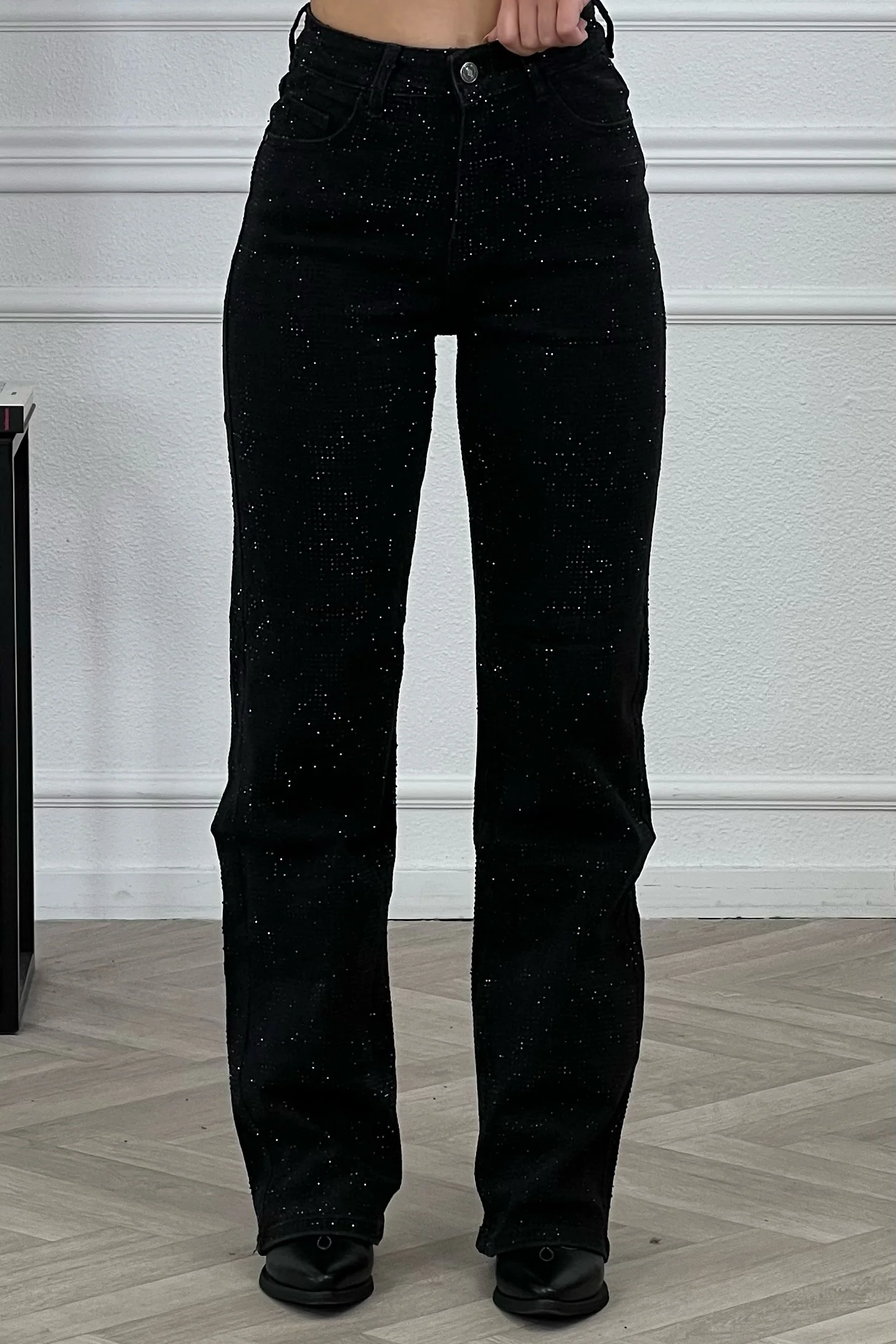 Super Stretch Wide Leg Glitter Jeans - Black - Image 4