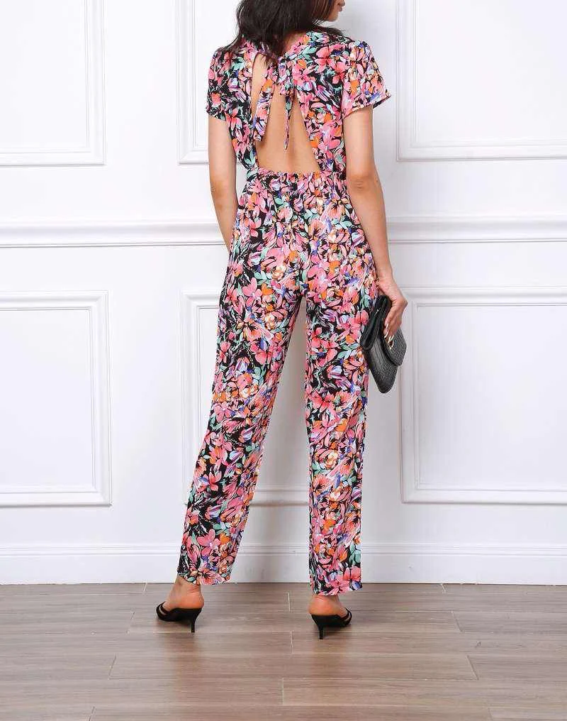 V Neck Flower Jumpsuit - Black - Image 5