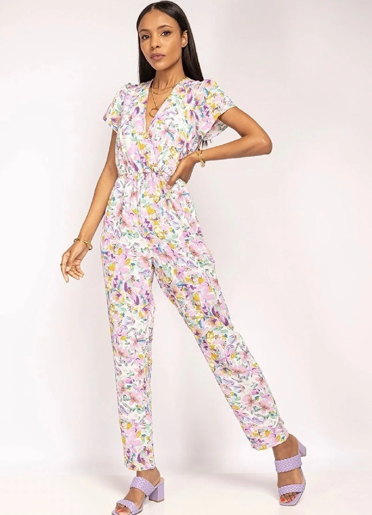 V Neck Flower Jumpsuit - White - Image 3