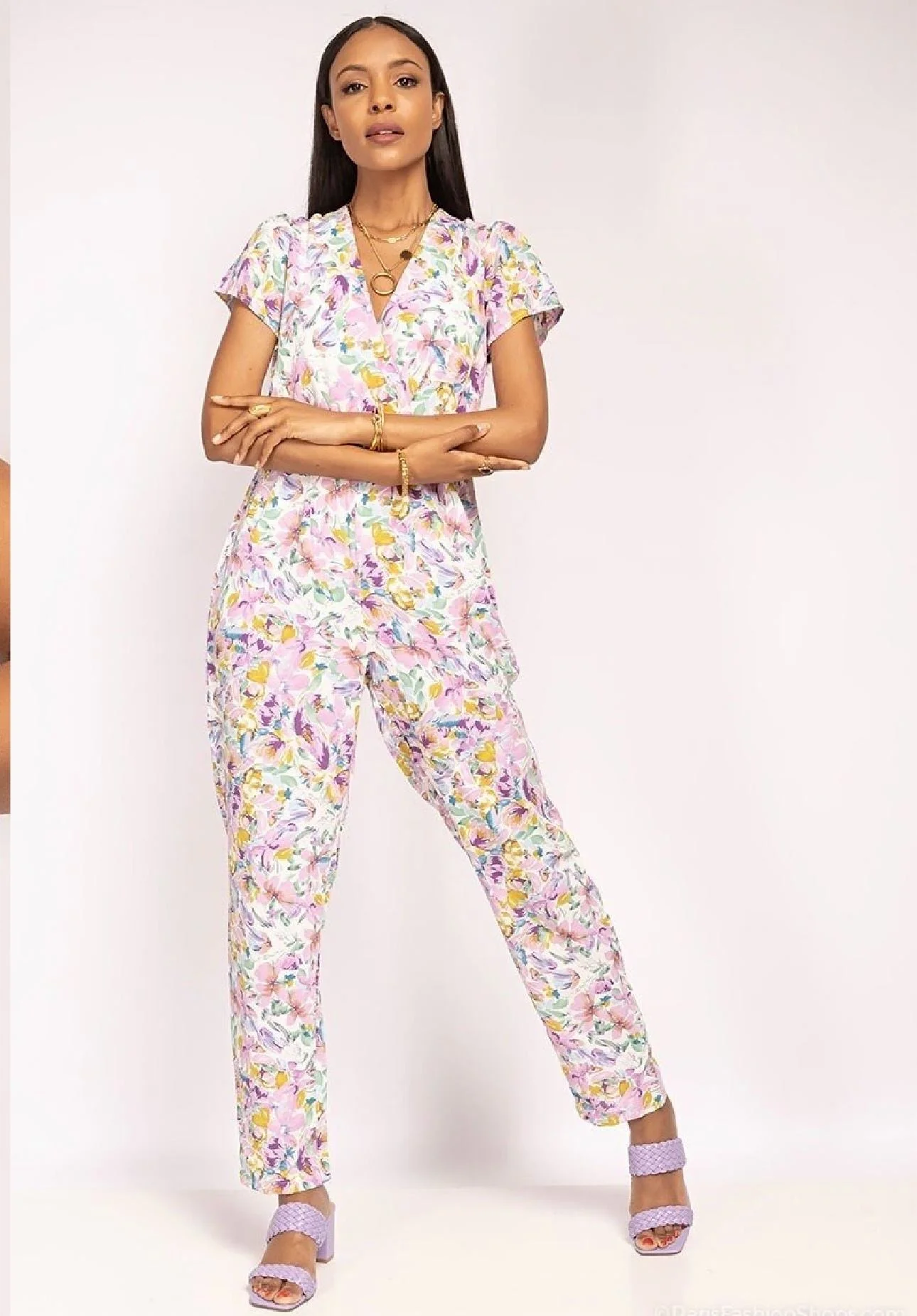 V Neck Flower Jumpsuit - White - Image 4