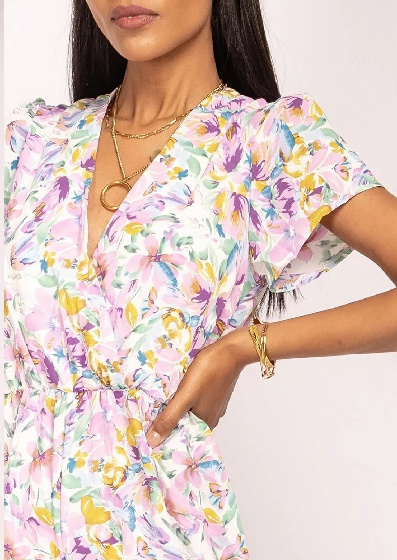 V Neck Flower Jumpsuit - White - Image 5