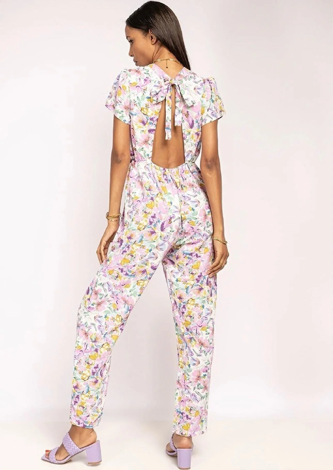 V Neck Flower Jumpsuit - White - Image 6