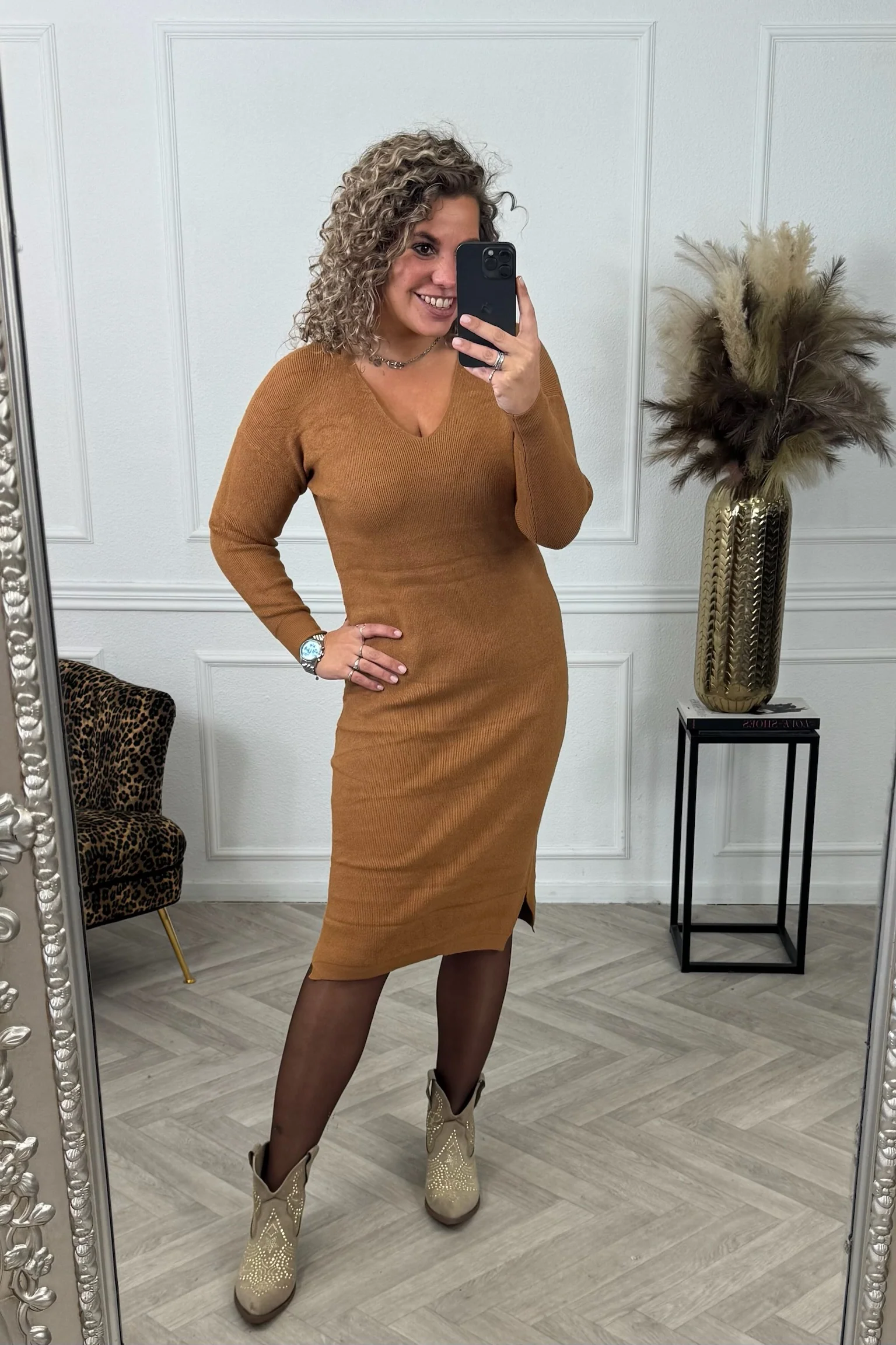 V Neck Sweater Dress - Camel