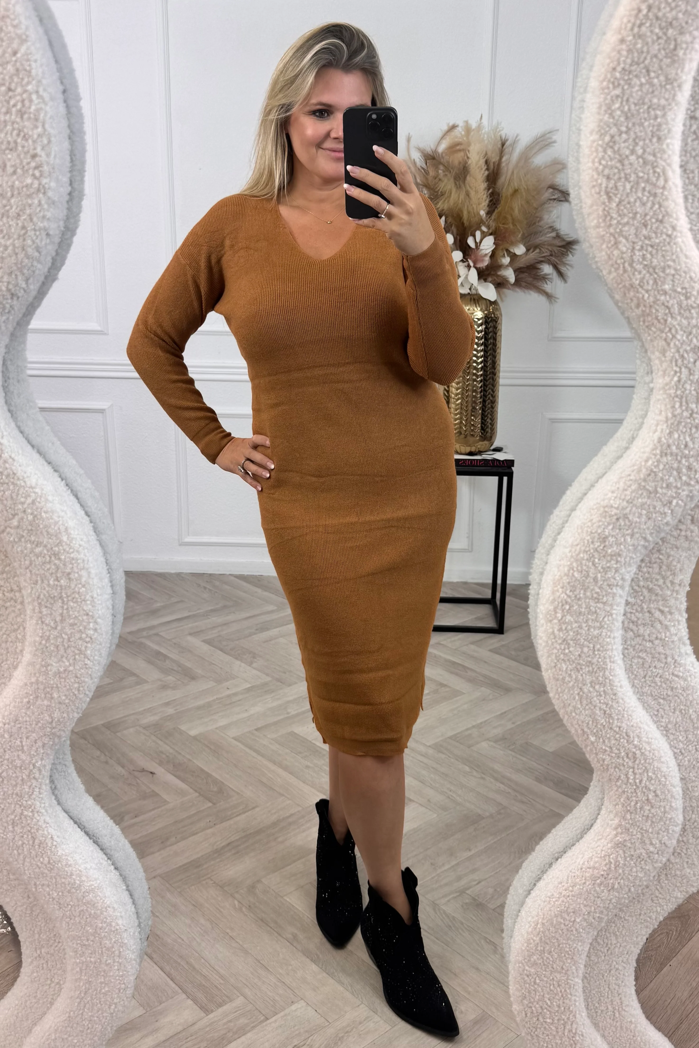 V Neck Sweater Dress - Camel - Image 2