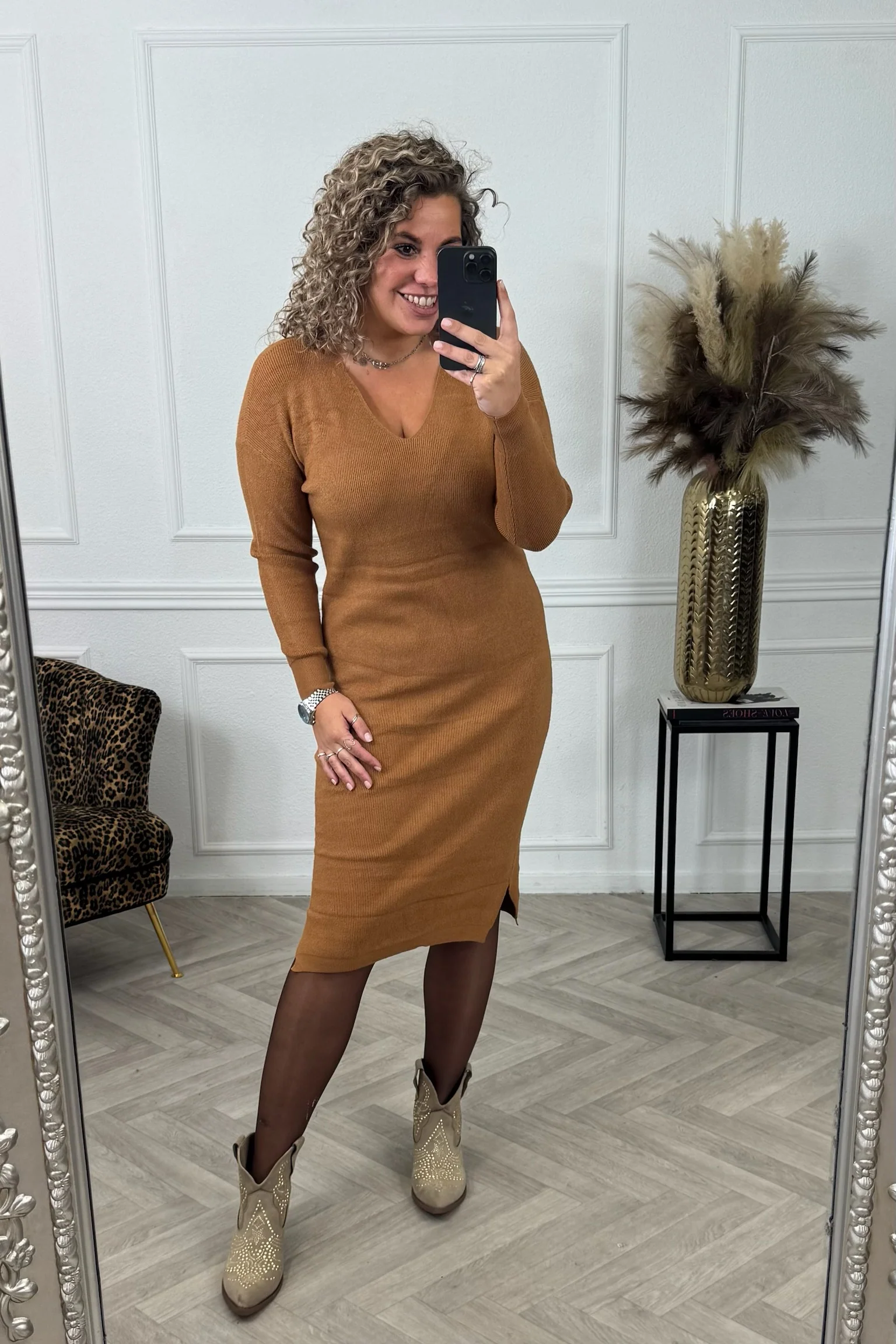 V Neck Sweater Dress - Camel - Image 4