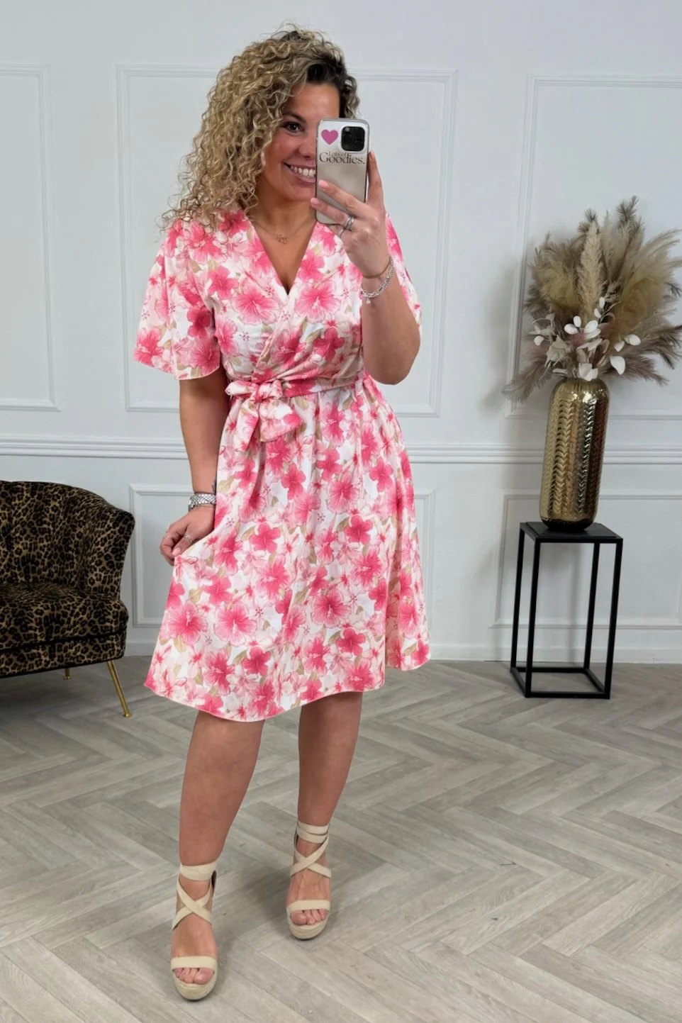 V Neck Wrap Dress - Pink Flowers