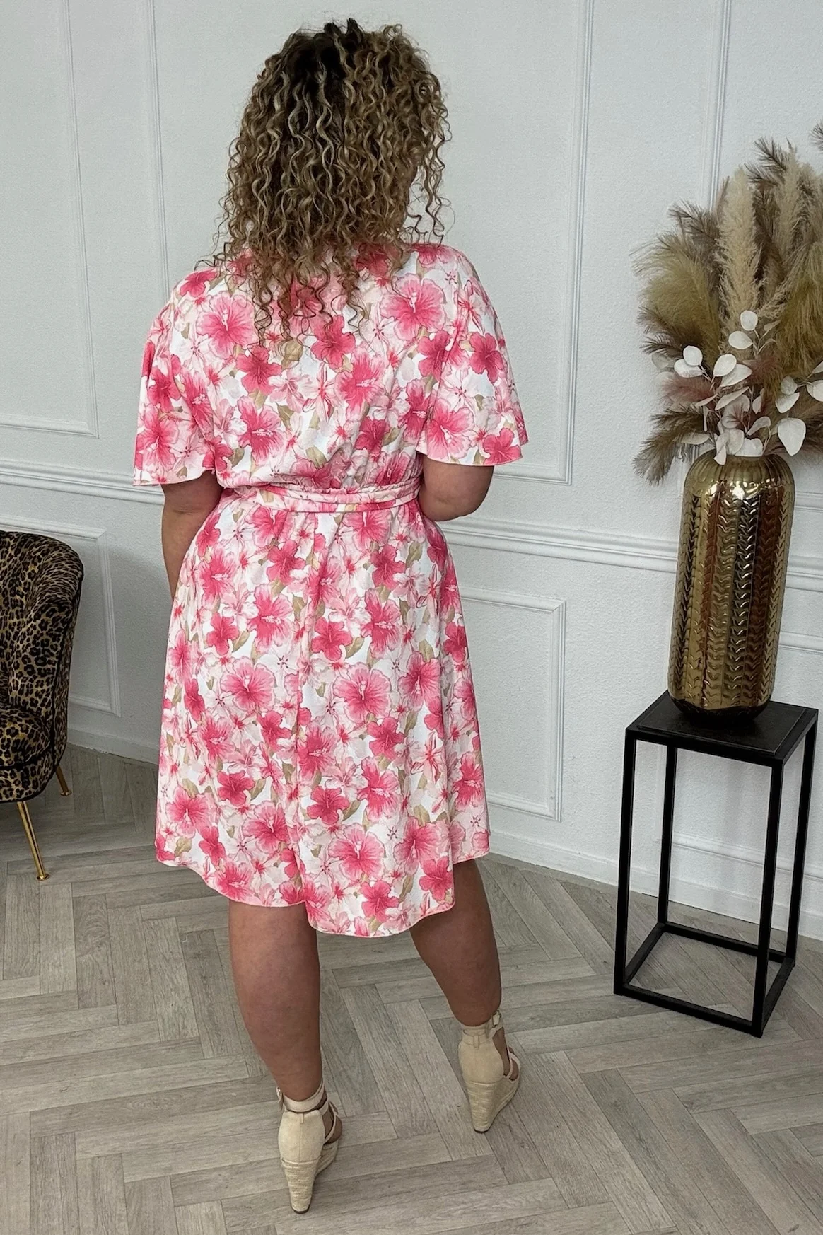 V Neck Wrap Dress - Pink Flowers - Image 3