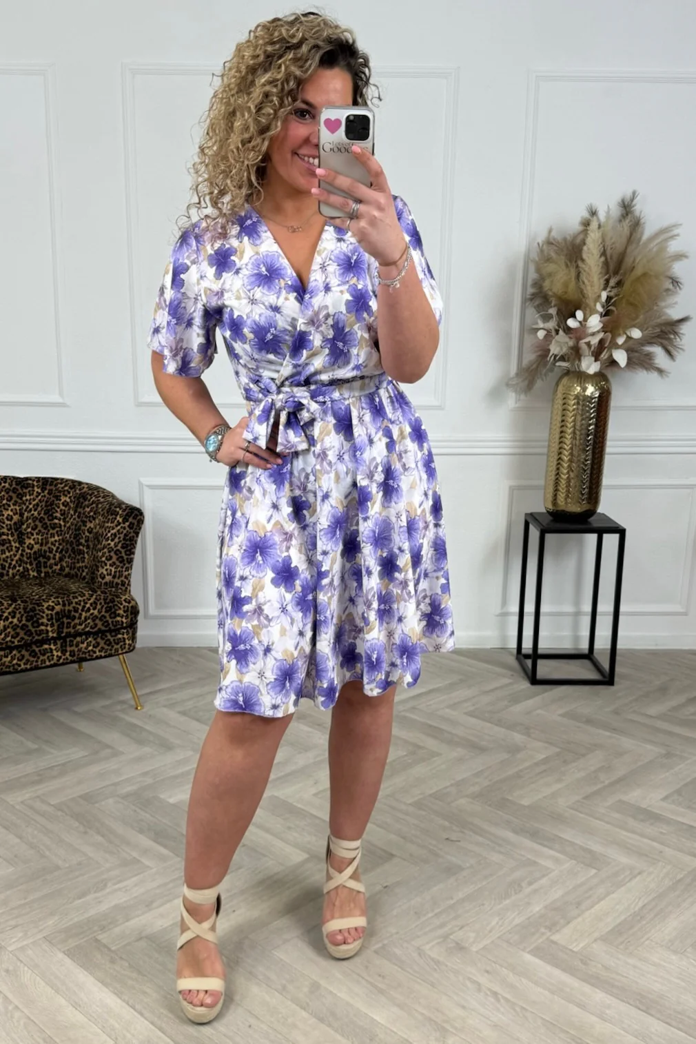 V Neck Wrap Dress - Purple Flowers