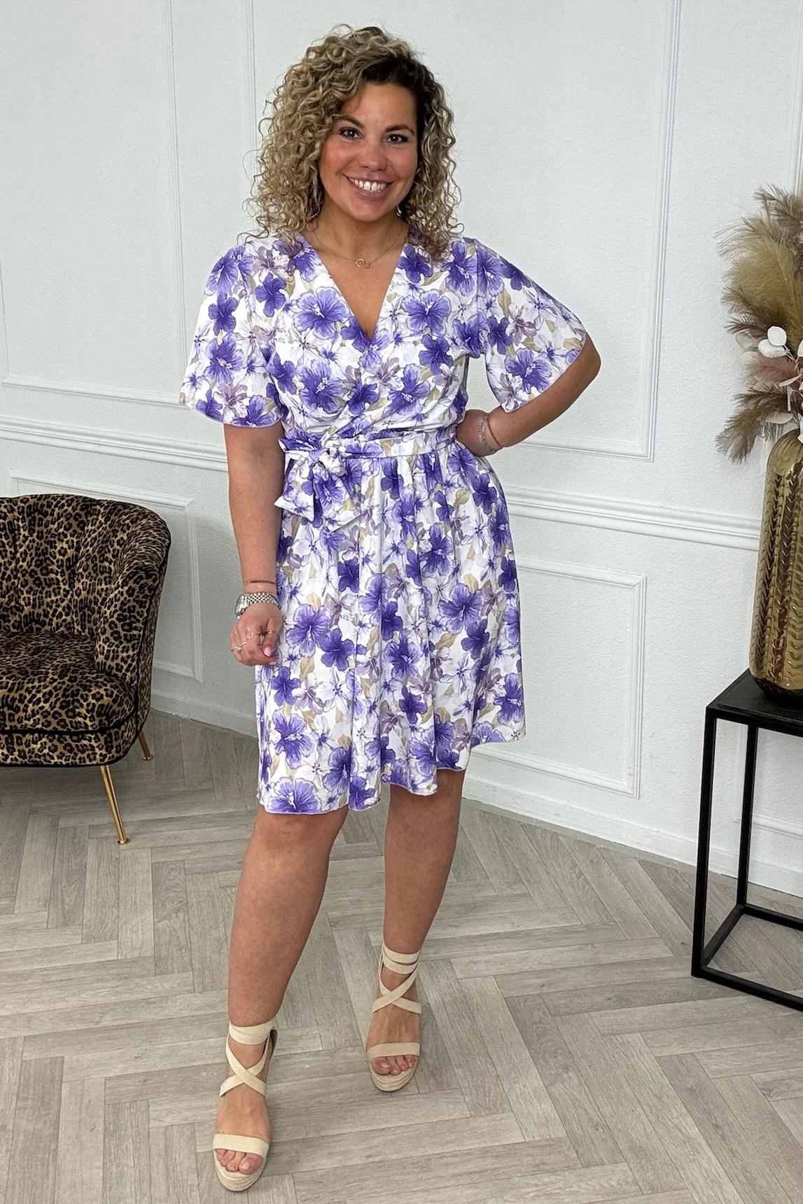 V Neck Wrap Dress - Purple Flowers - Image 3
