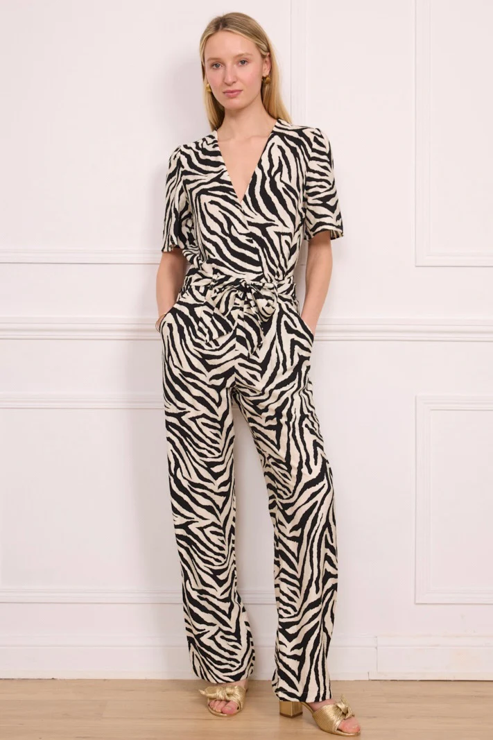 V Neck Zebra Jumpsuit - Black