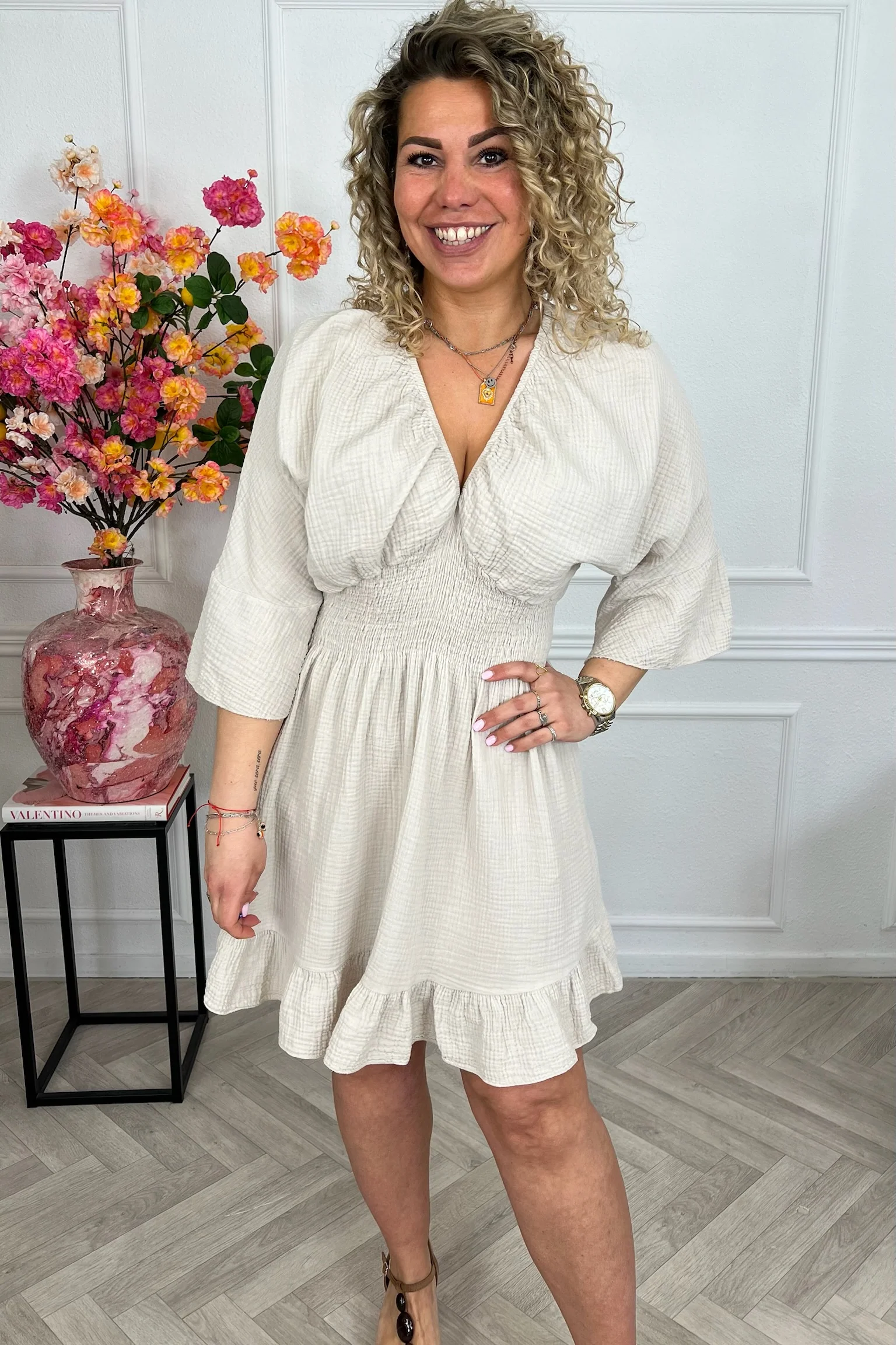 Valencia Mousseline Taille Dress - Beige - Image 3