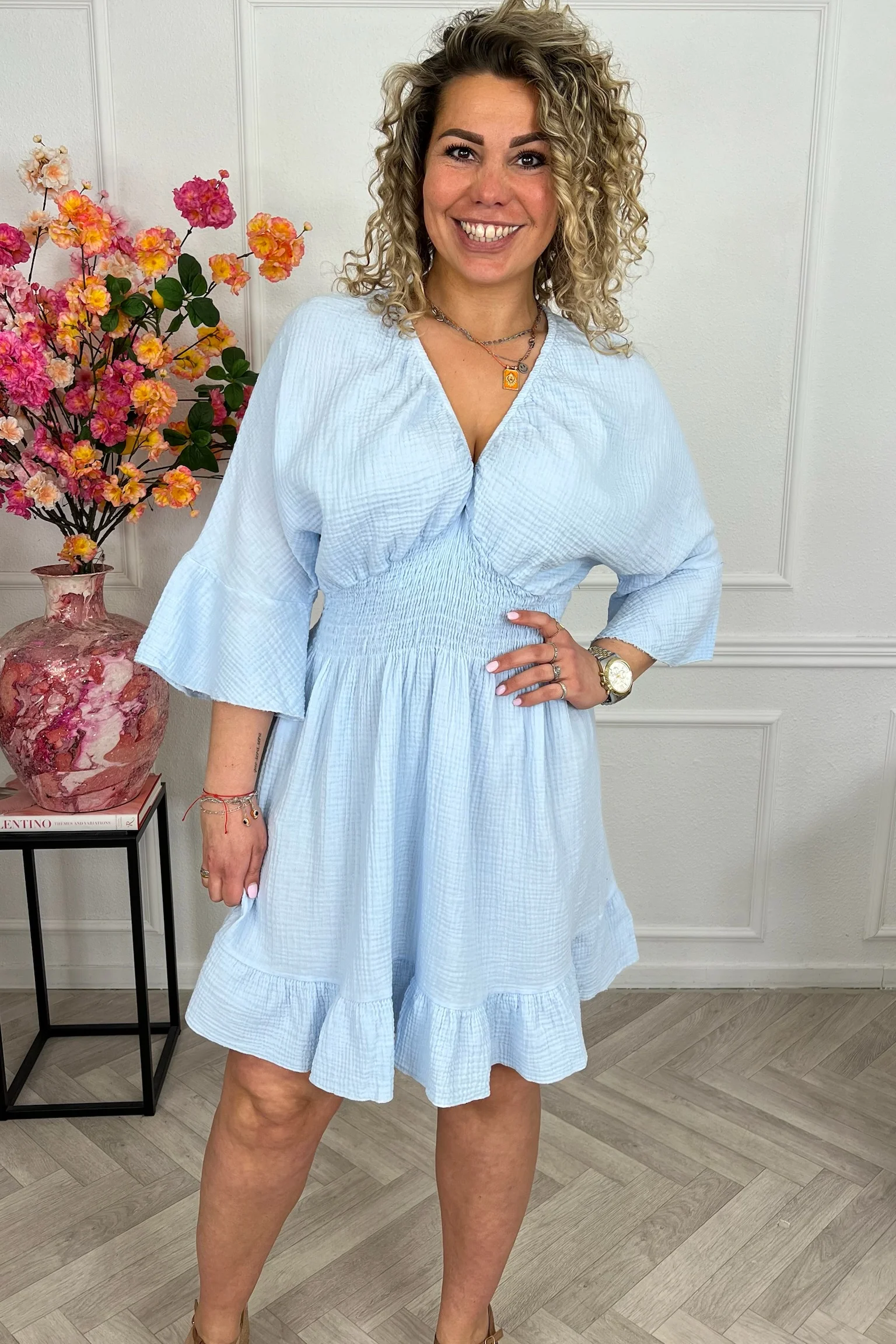 Valencia Mousseline Taille Dress - Light Blue