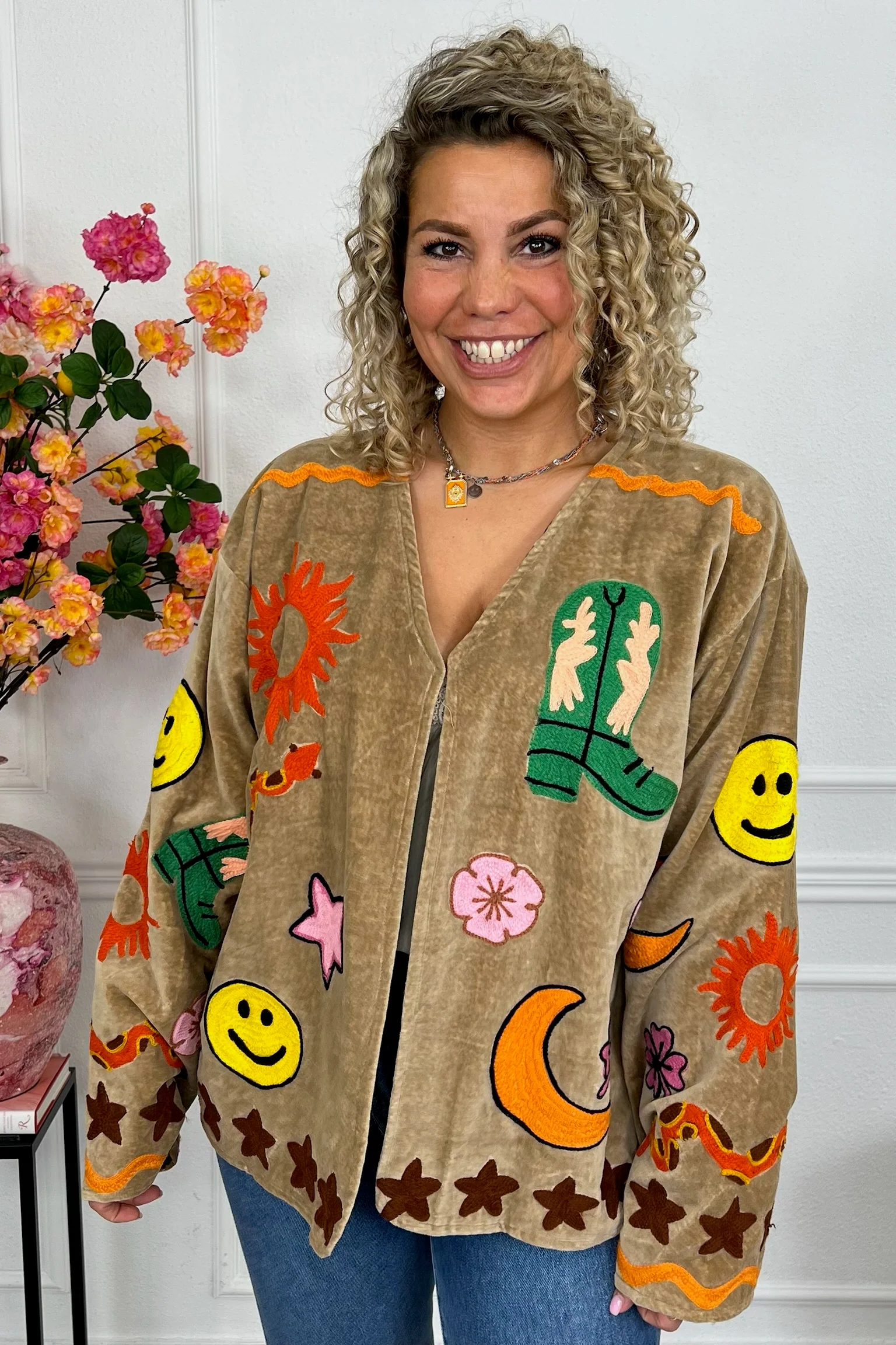 Velvet Embroidery Fleur Jacket - Beige