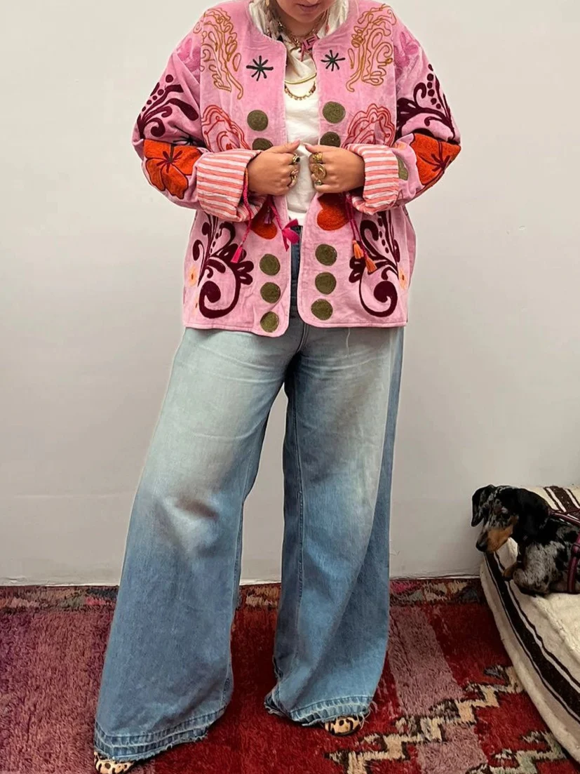Velvet Embroidery Heart  Dots Jacket - Pink