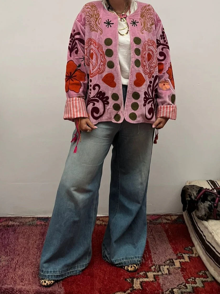 Velvet Embroidery Heart  Dots Jacket - Pink - Image 4