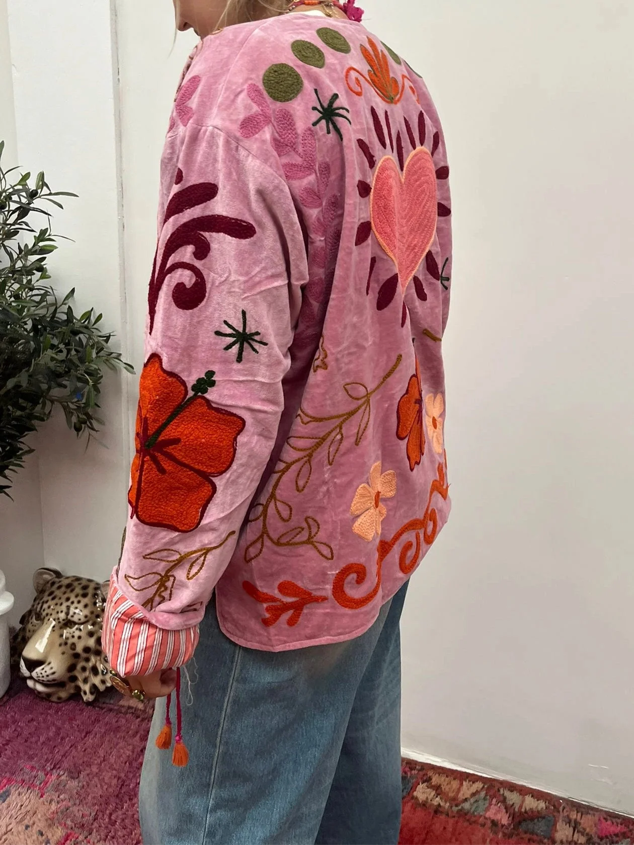 Velvet Embroidery Heart  Dots Jacket - Pink - Image 5