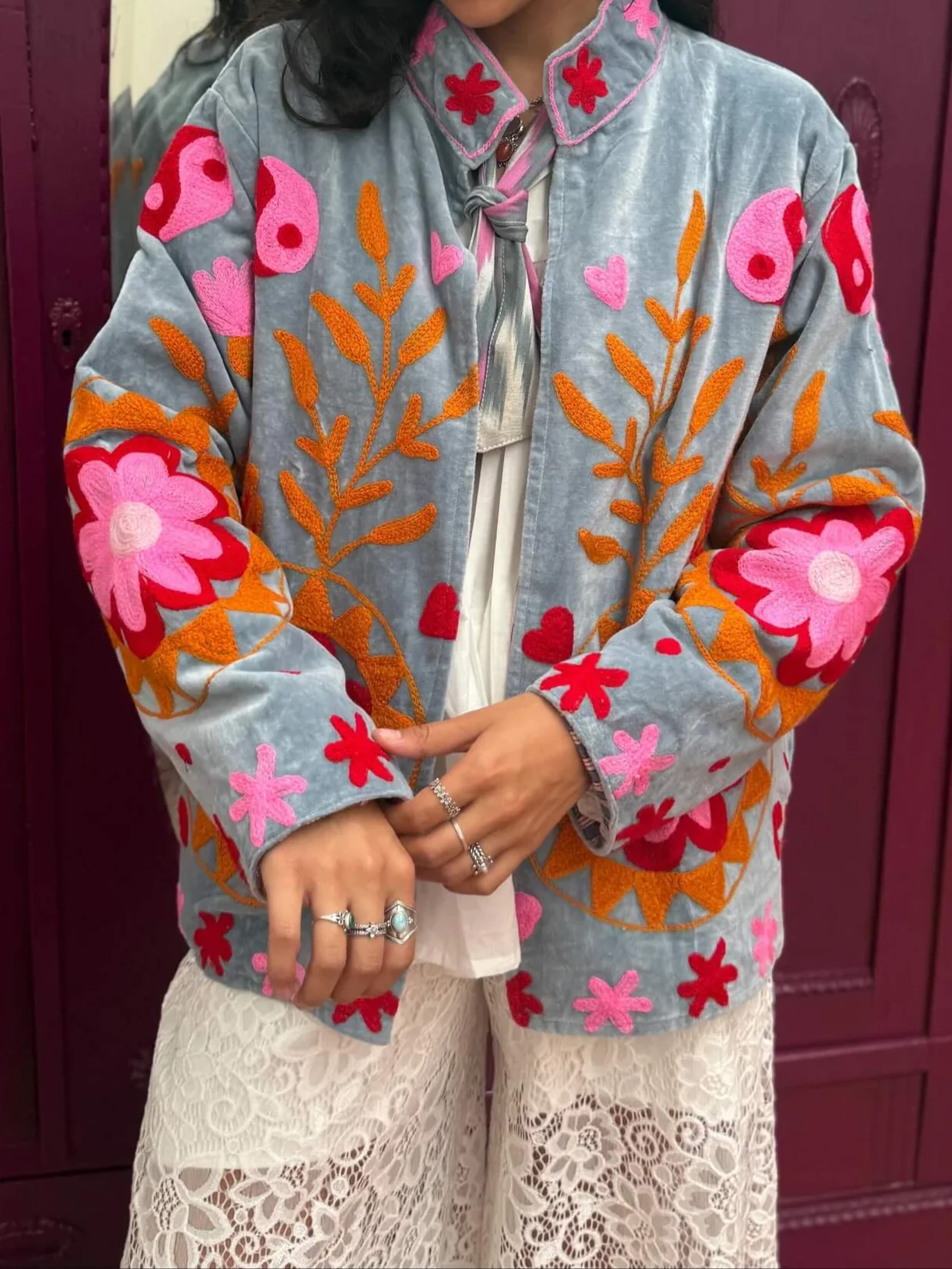 Velvet Embroidery Daisy Jacket - Pink/Grey - Image 2