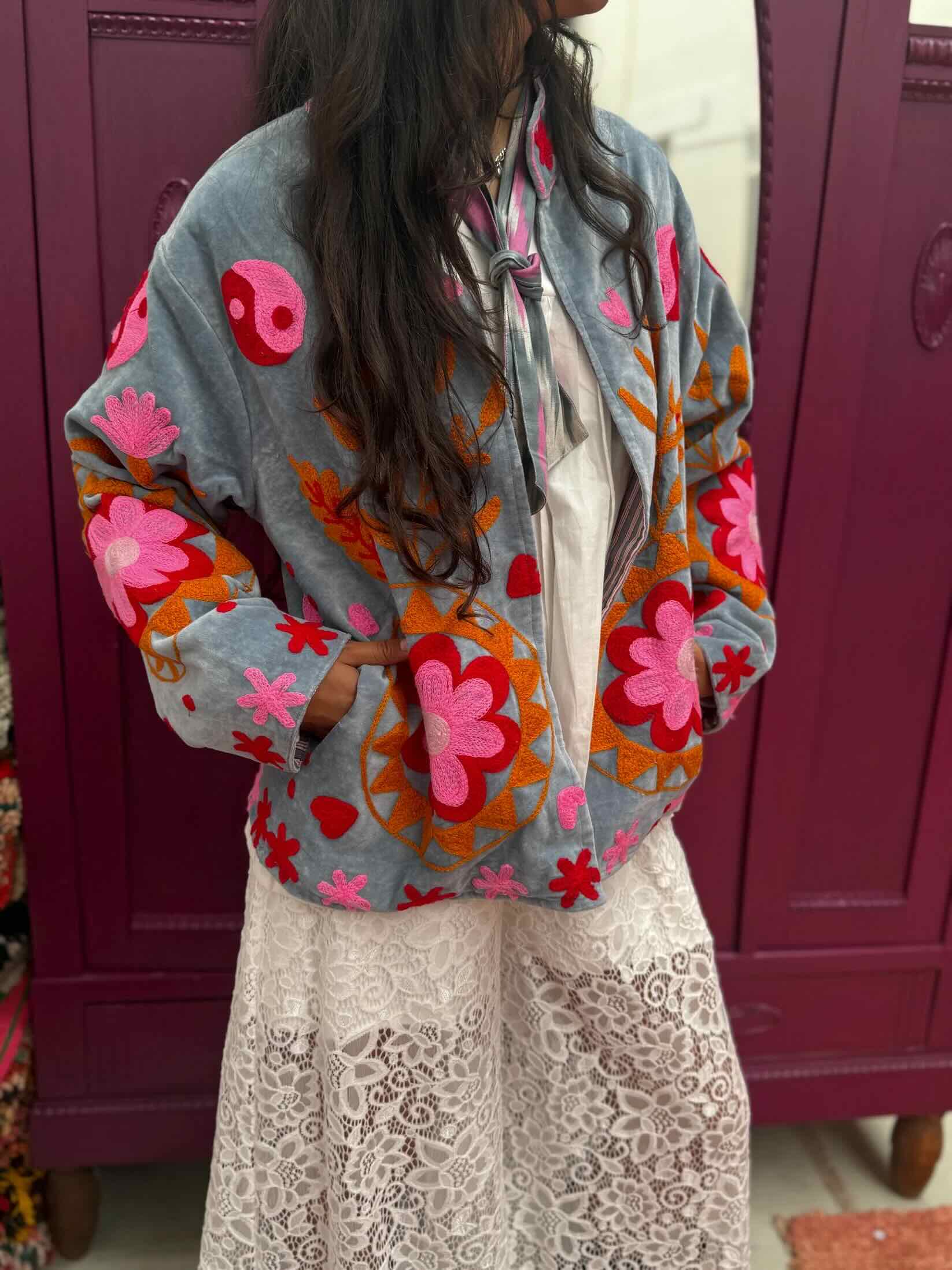 Velvet Embroidery Daisy Jacket - Pink/Grey - Image 3