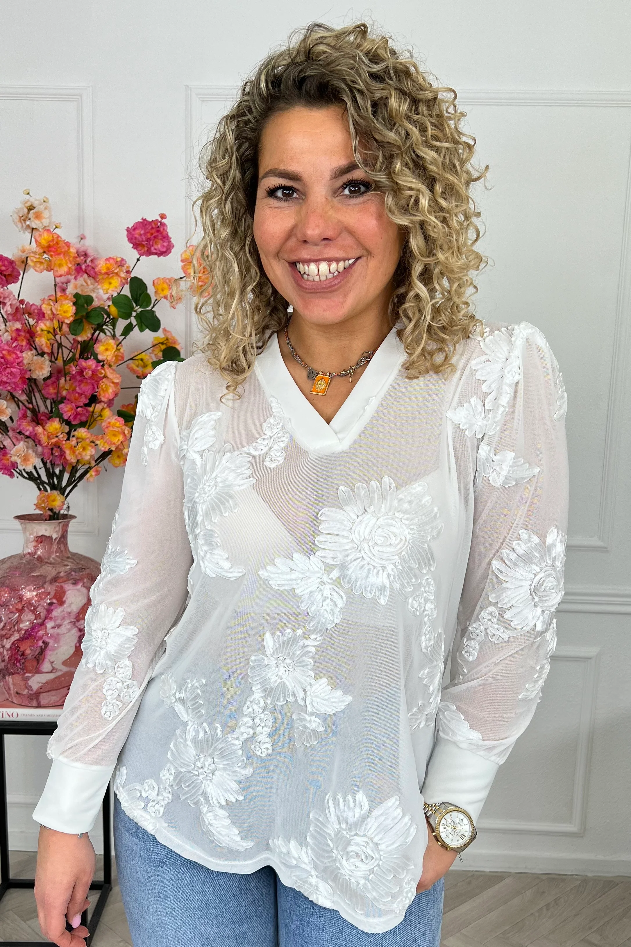 Verona Flower Lace Top - White