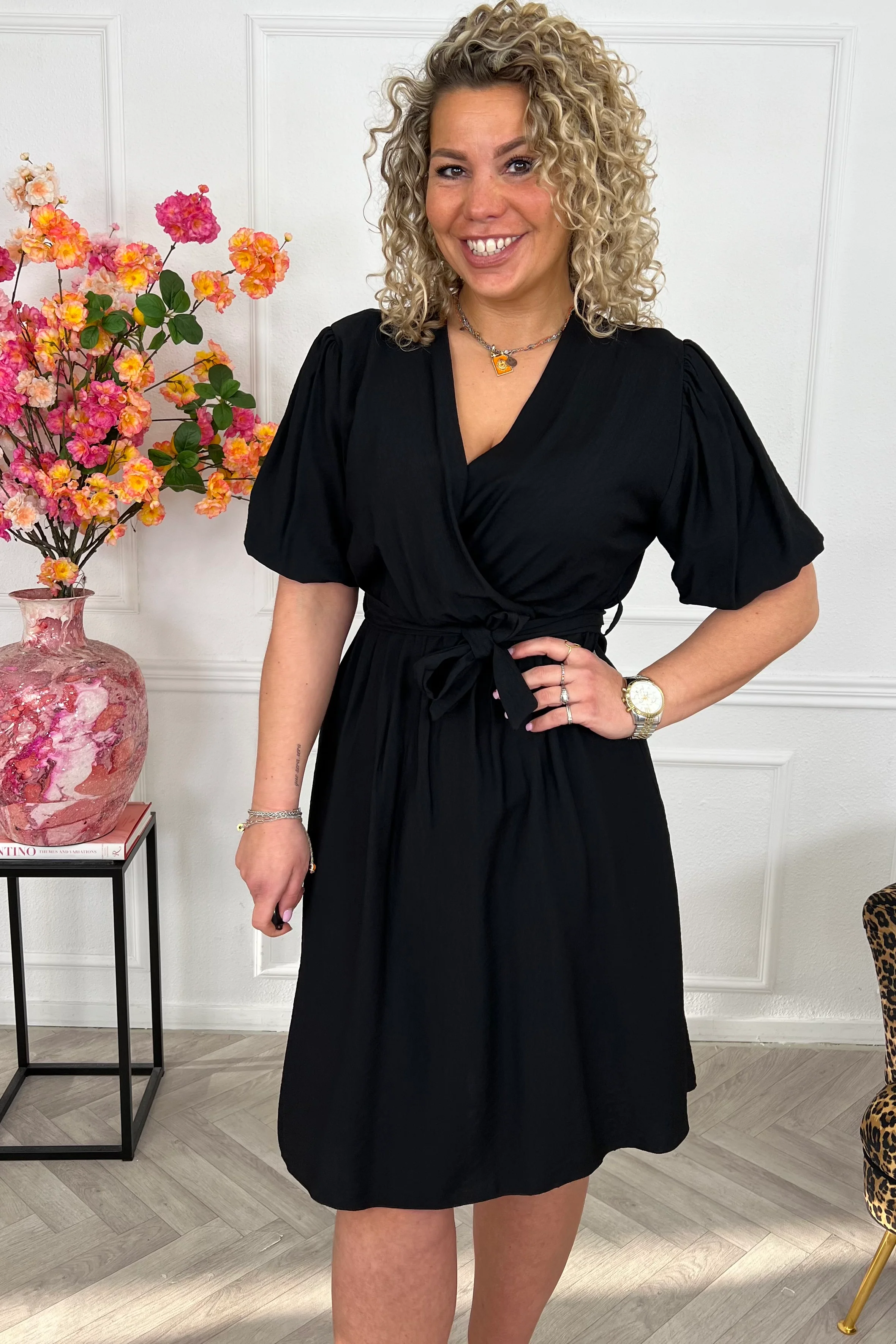 Viscose Short Puffy Sleeve Dress - Black