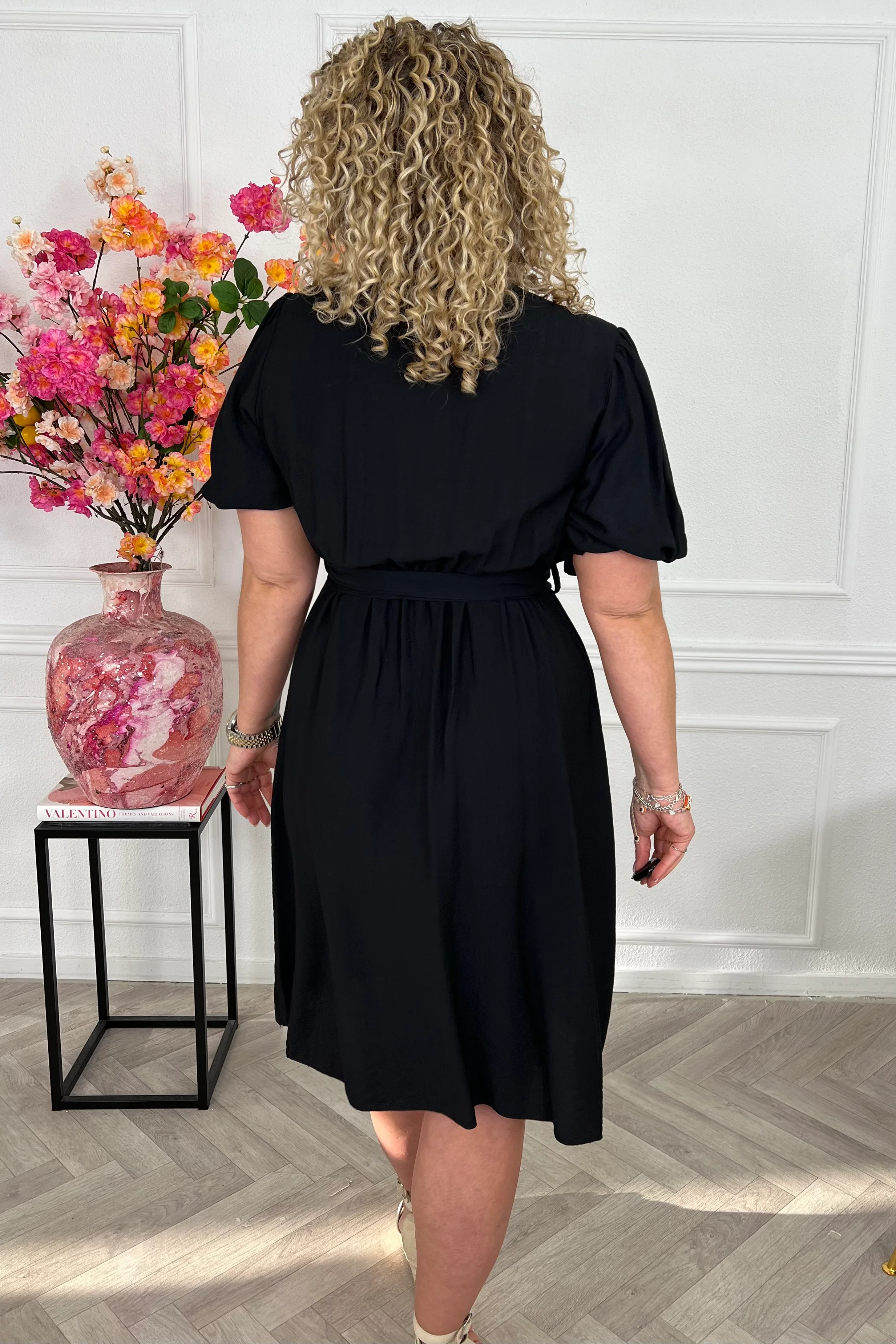 Viscose Short Puffy Sleeve Dress - Black - Image 2