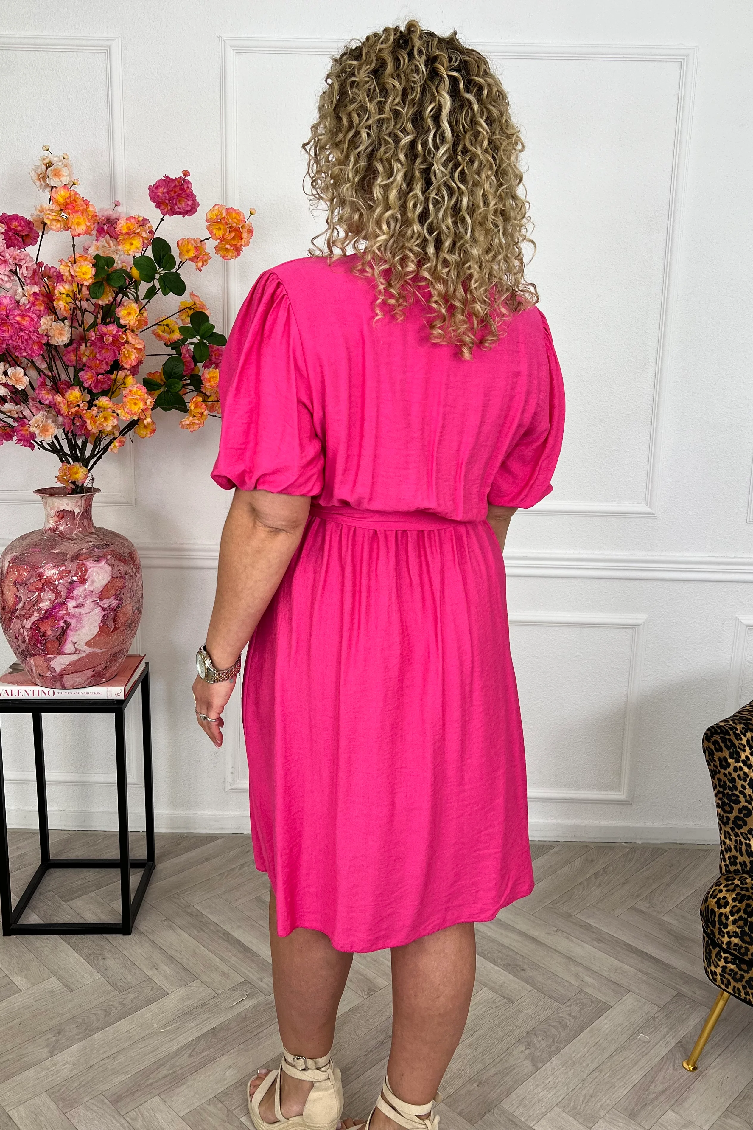 Viscose Short Puffy Sleeve Dress - Fuchsia - Image 2