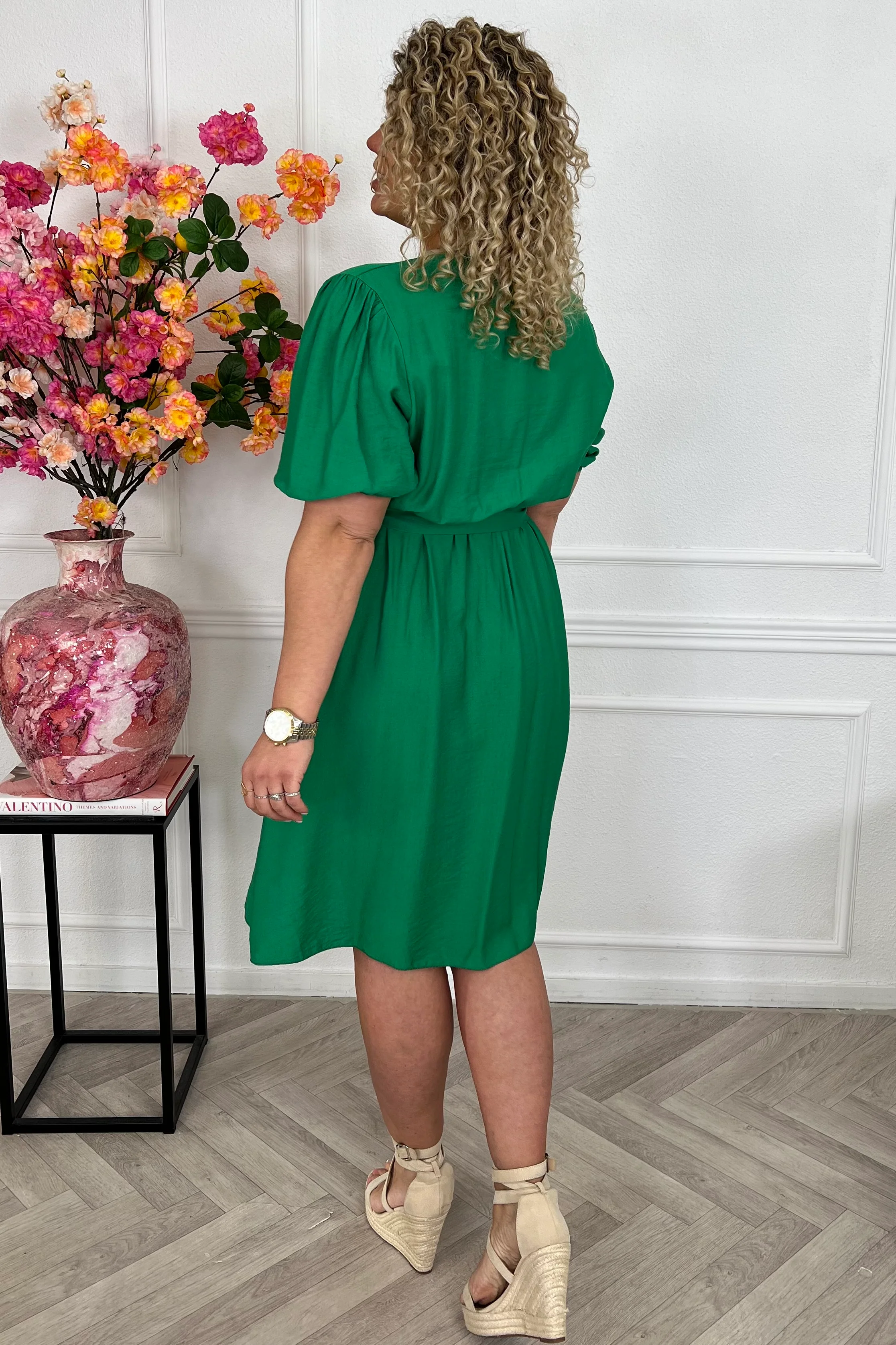 Viscose Short Puffy Sleeve Dress - Green - Image 3