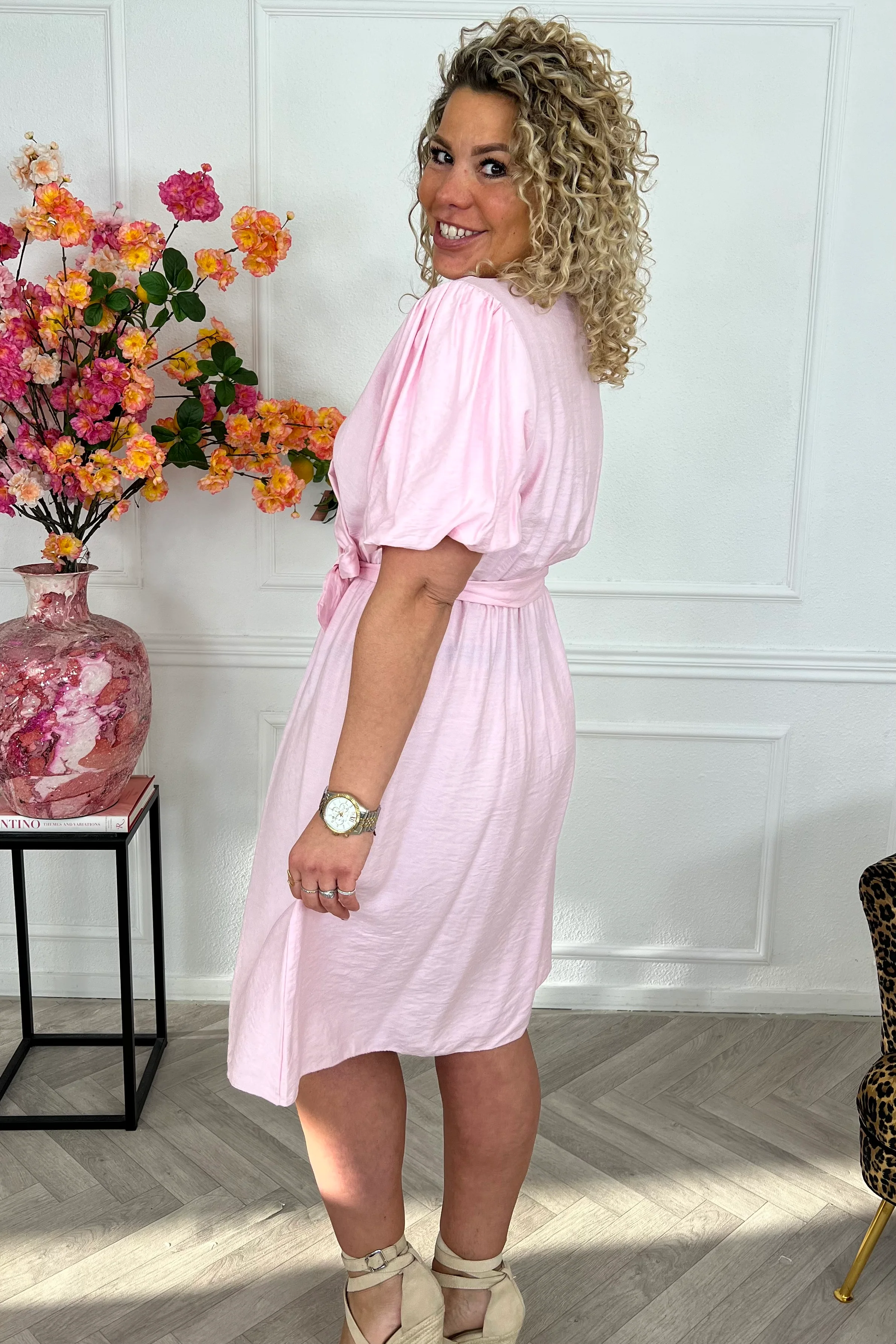 Viscose Short Puffy Sleeve Dress - Pink - Image 2
