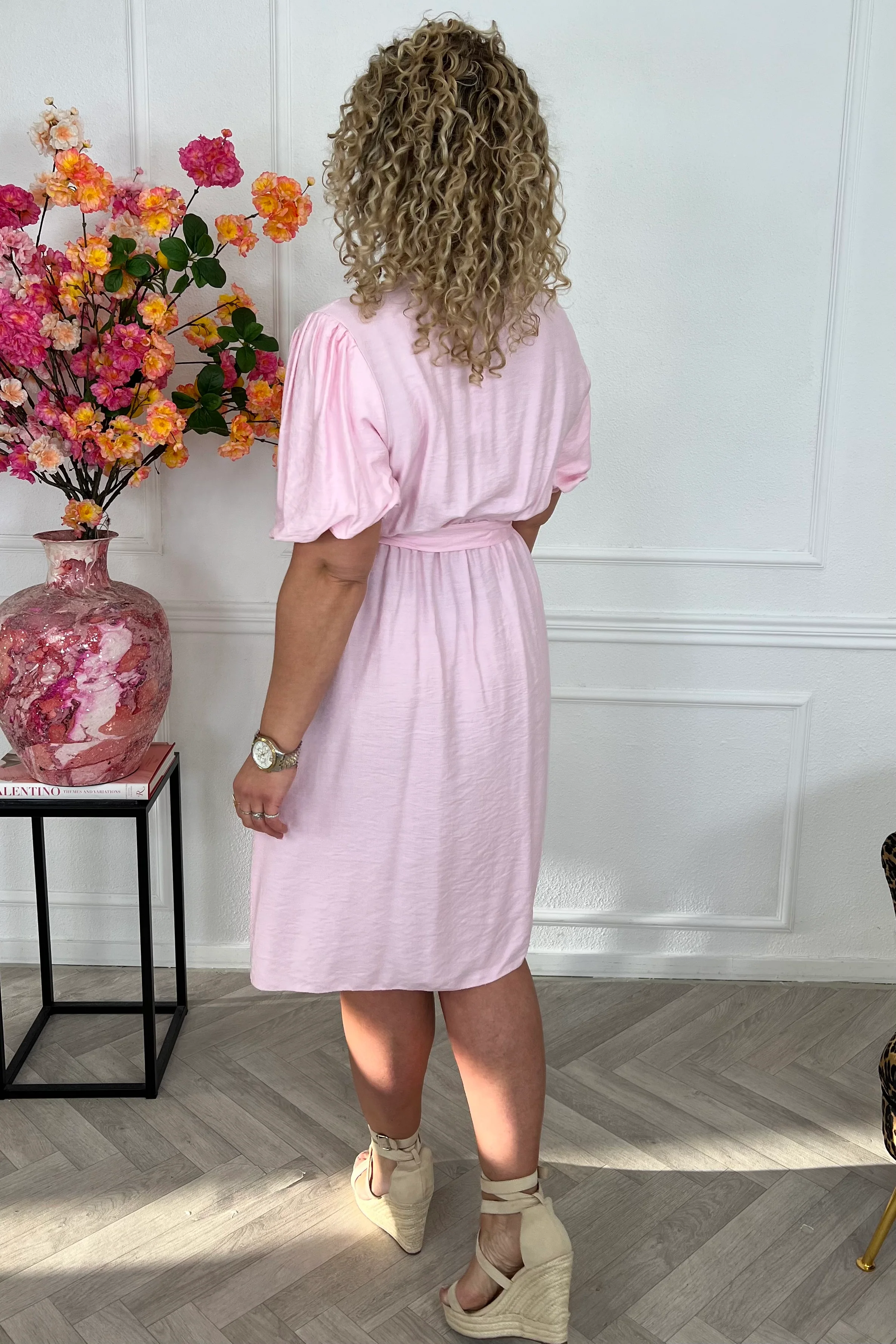 Viscose Short Puffy Sleeve Dress - Pink - Image 3