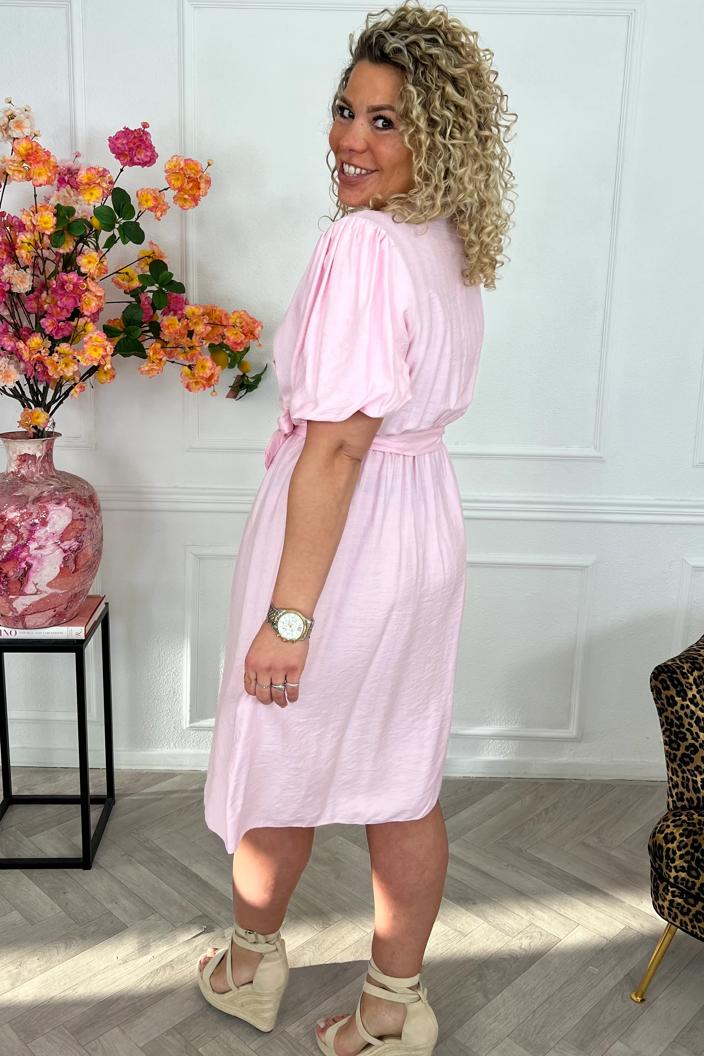 Viscose Short Puffy Sleeve Dress - Pink - Image 4