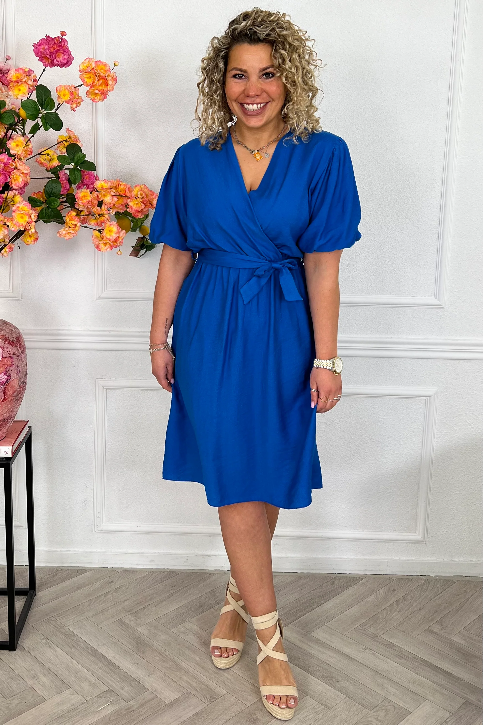 Viscose Short Puffy Sleeve Dress - Royal Blue