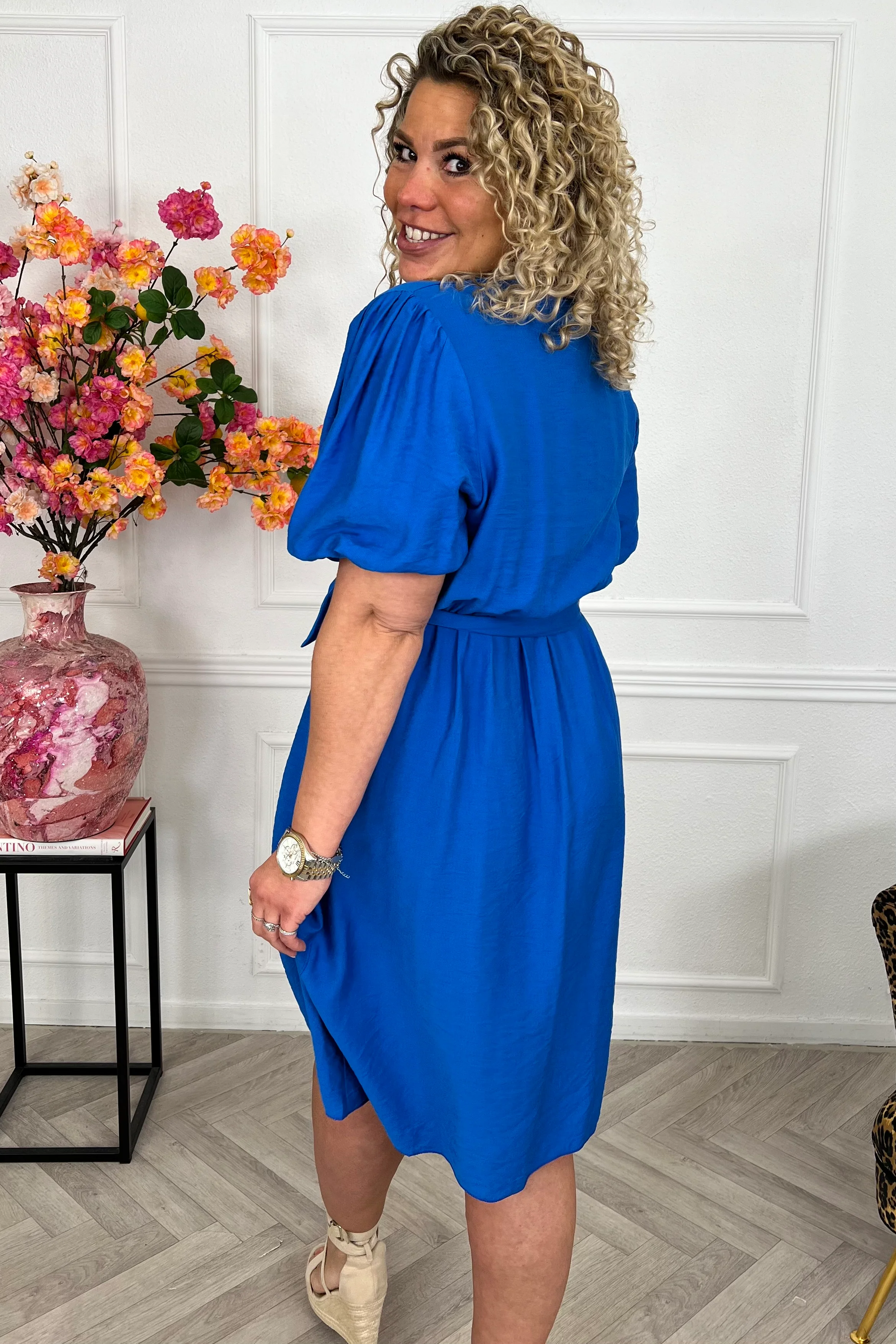 Viscose Short Puffy Sleeve Dress - Royal Blue - Image 2