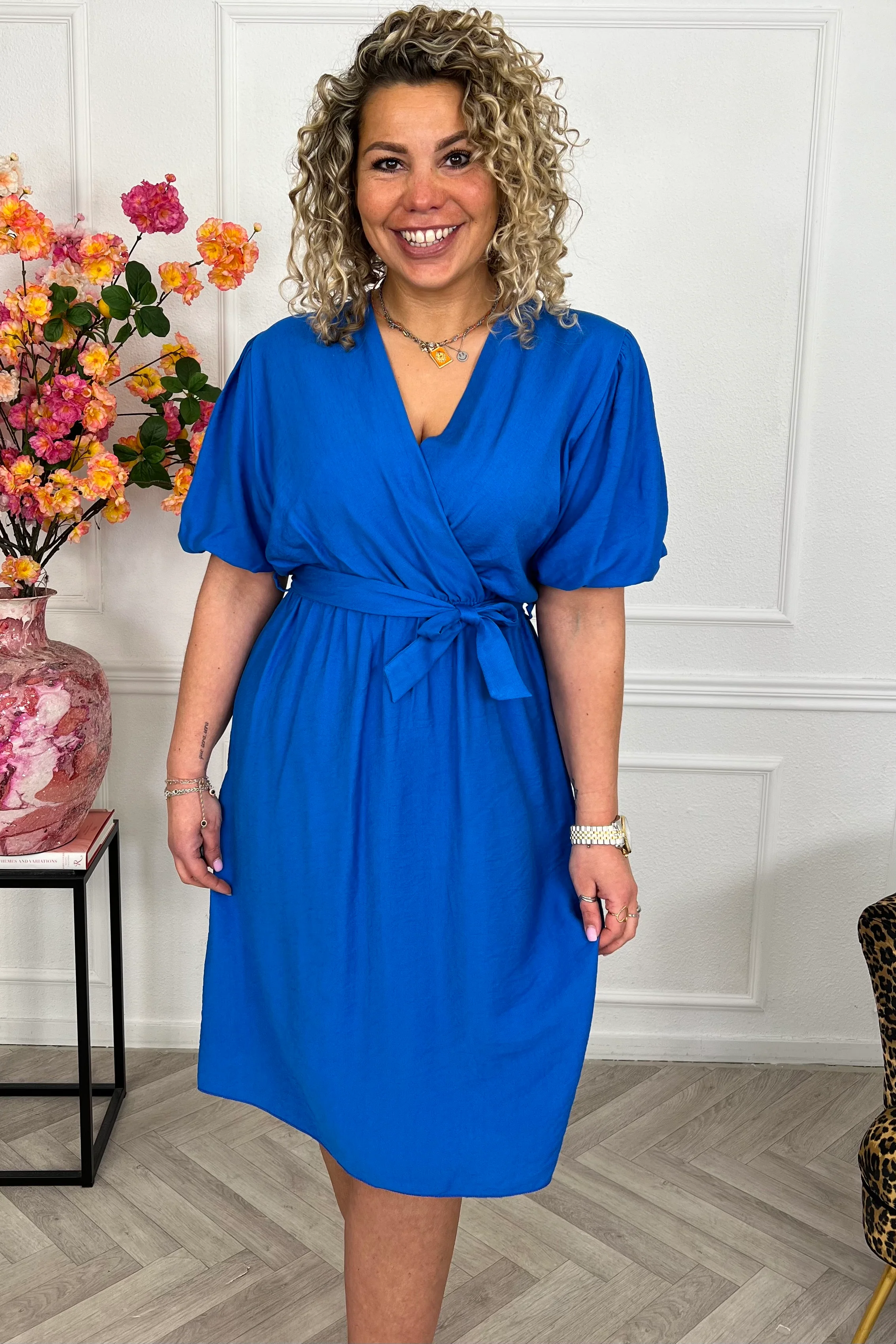 Viscose Short Puffy Sleeve Dress - Royal Blue - Image 3