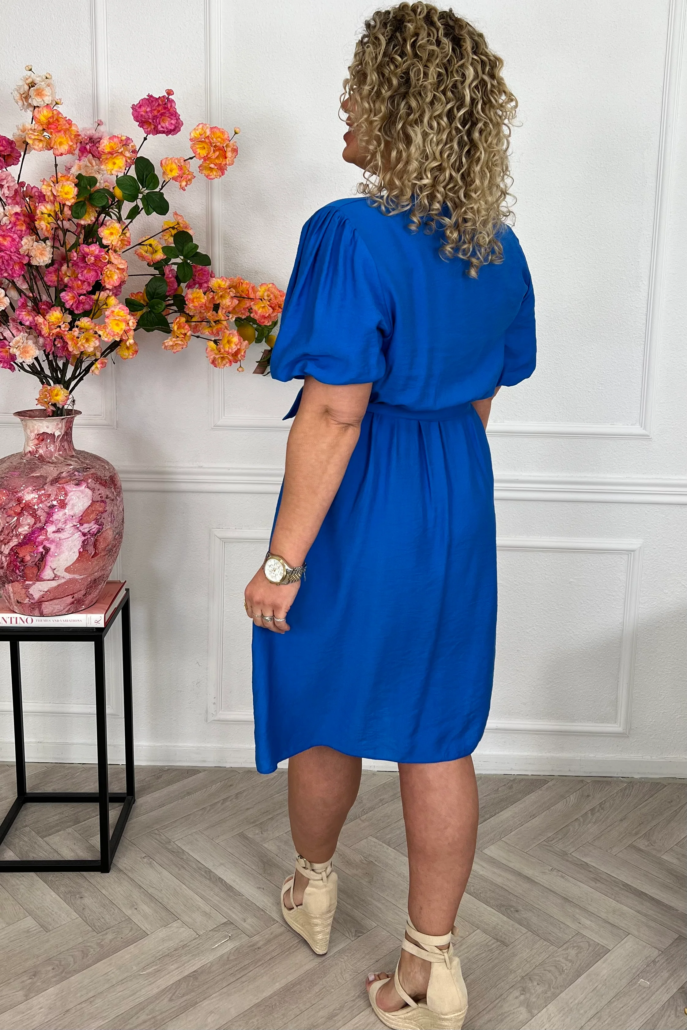 Viscose Short Puffy Sleeve Dress - Royal Blue - Image 4