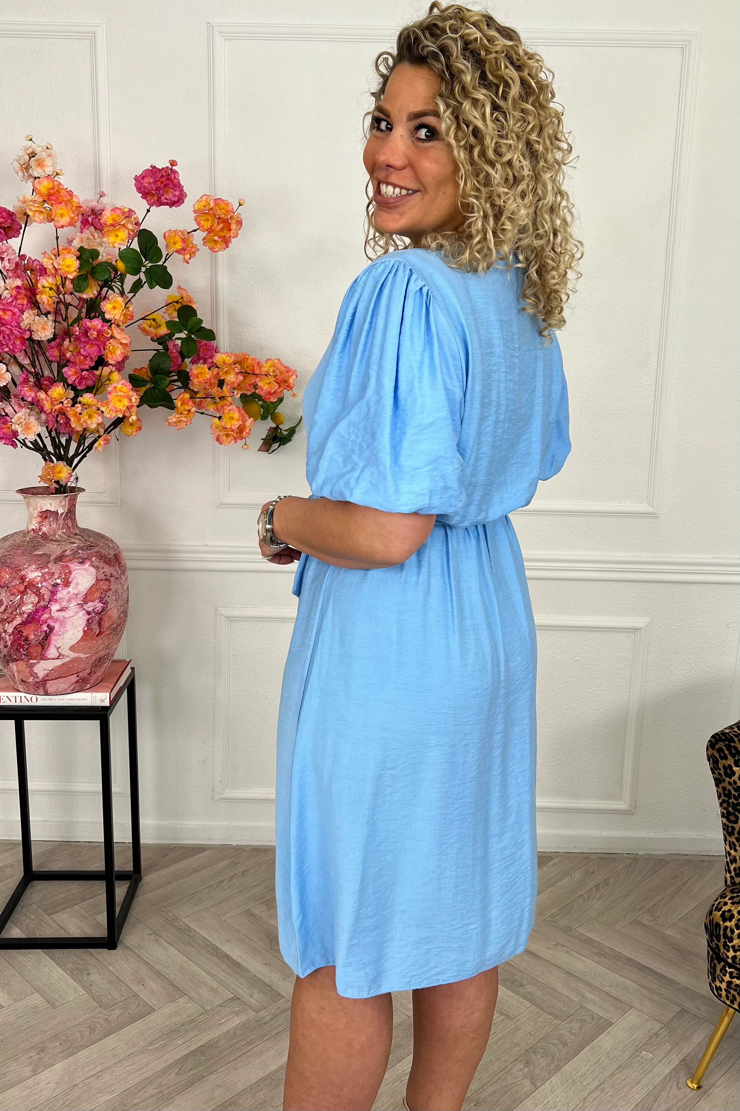 Viscose Short Puffy Sleeve Dress - Sky Blue - Image 2