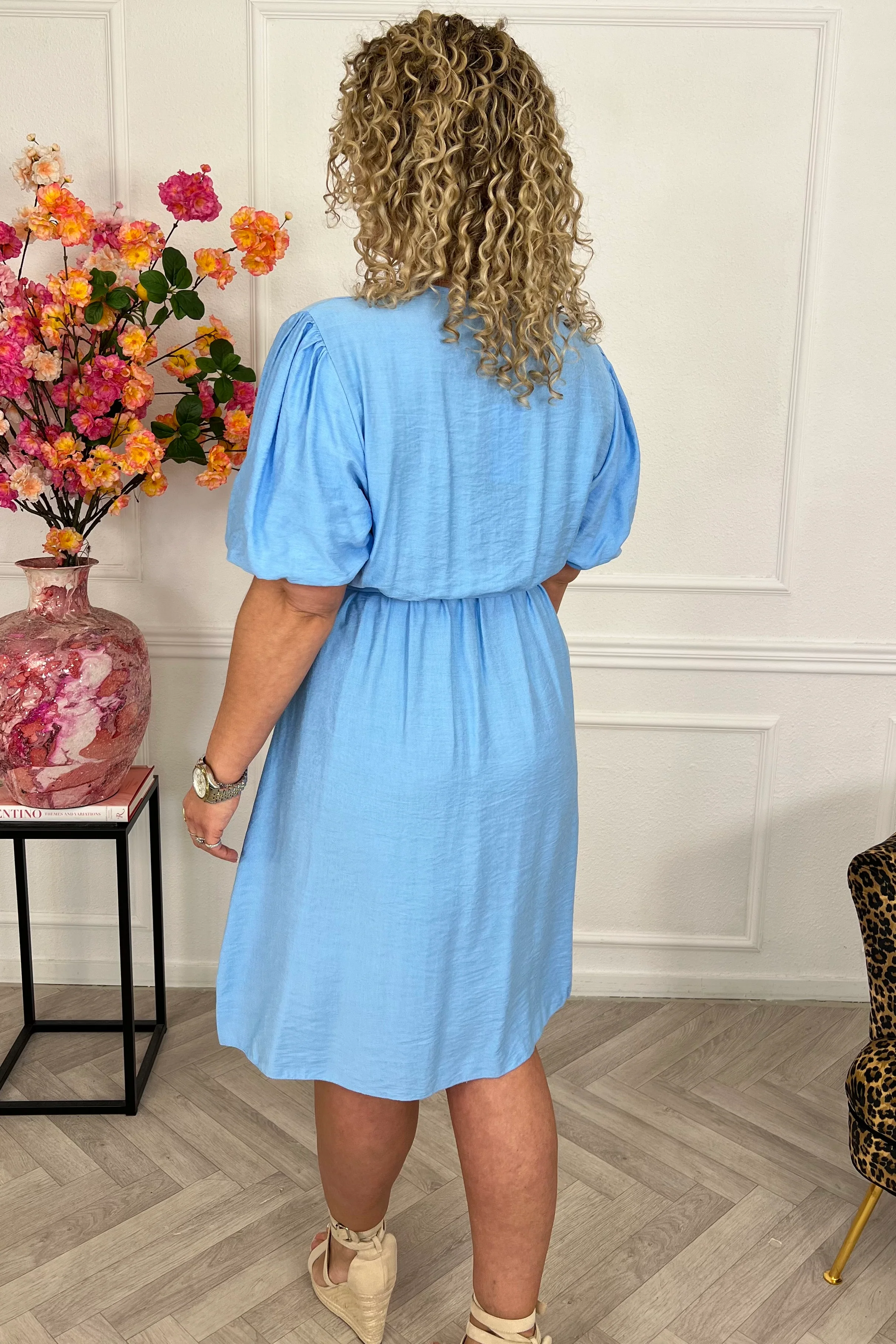 Viscose Short Puffy Sleeve Dress - Sky Blue - Image 5