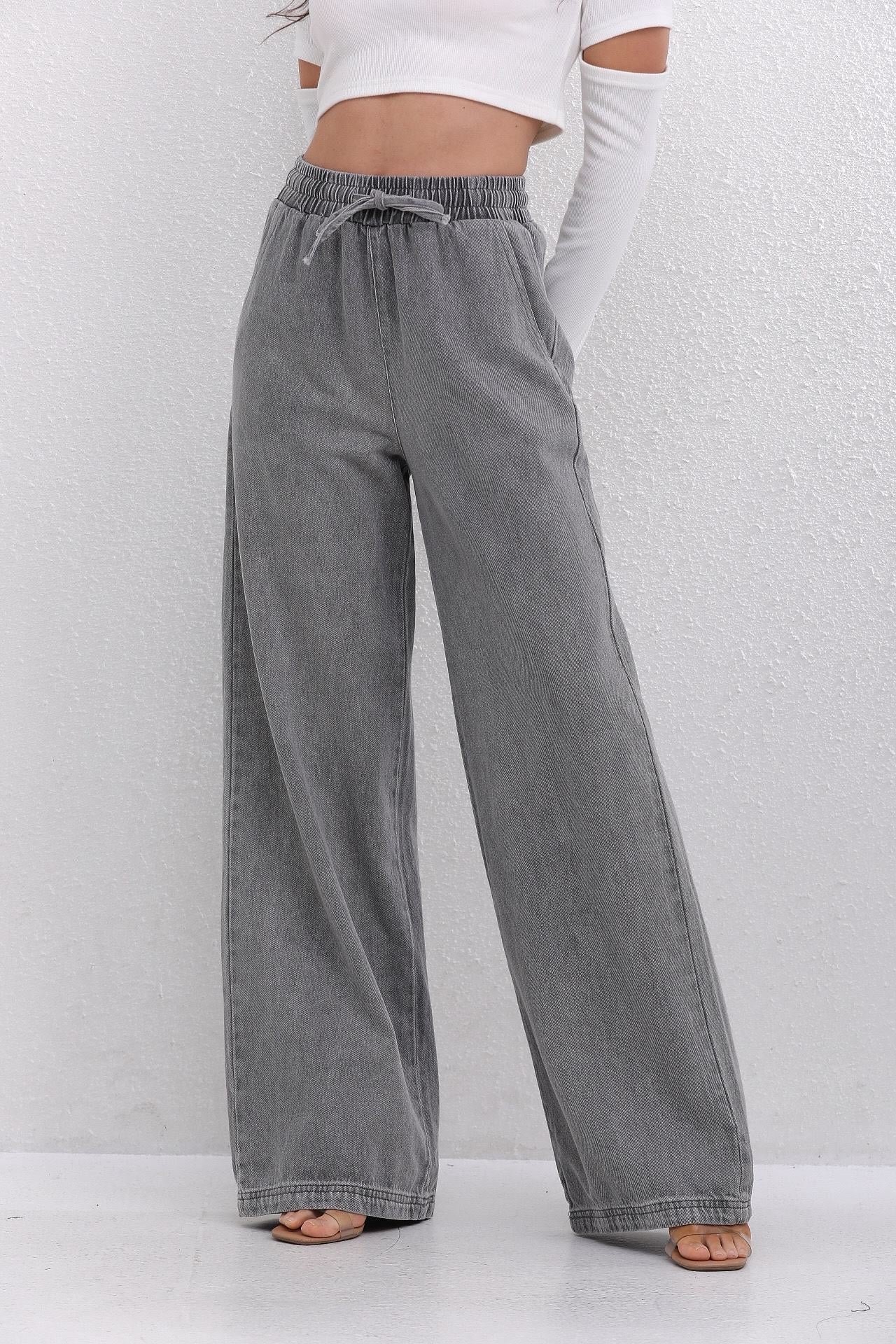 Wide Leg Bow Jeans - Grey