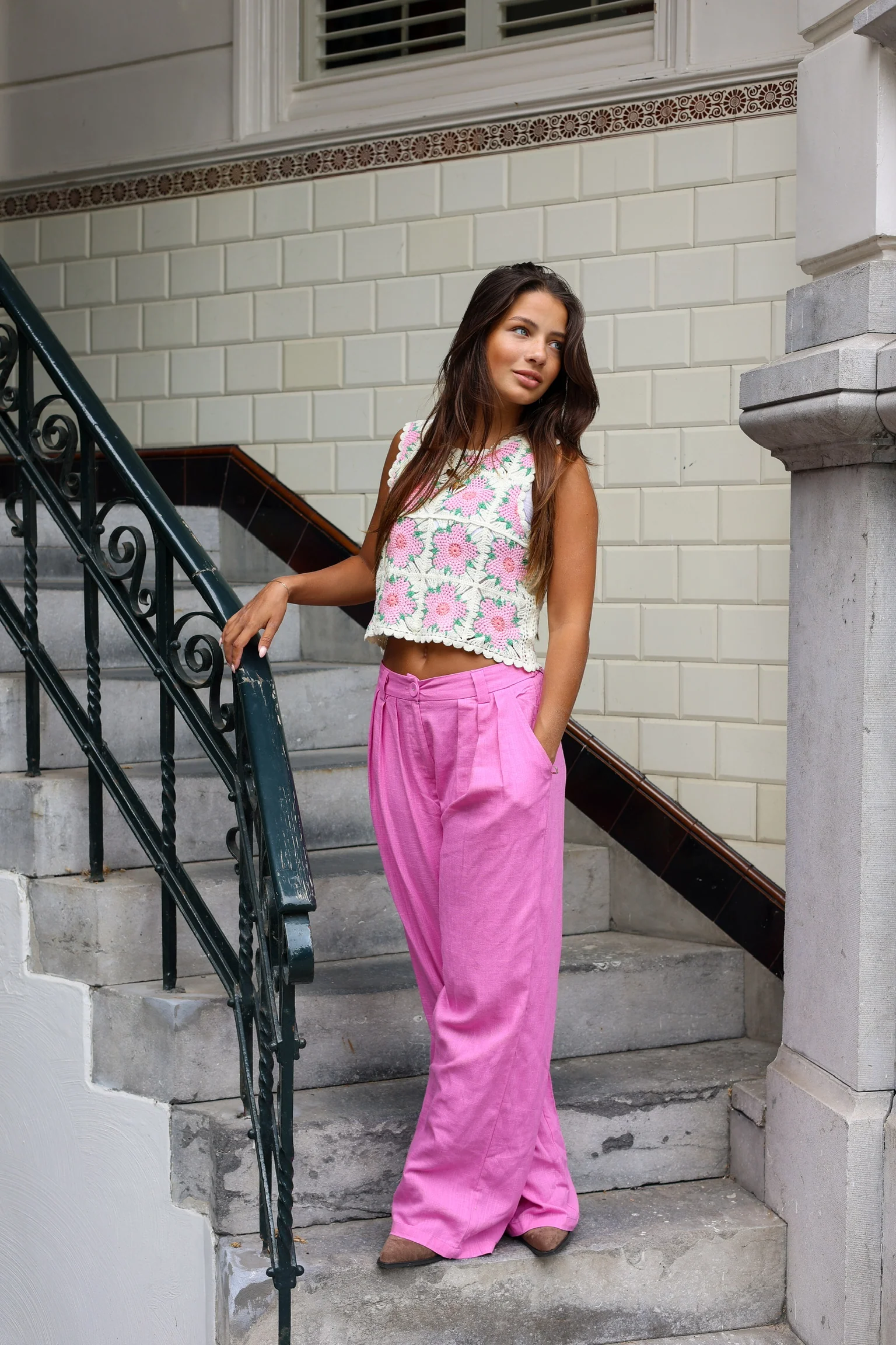 Wide Leg Plisse Pants - Fuchsia