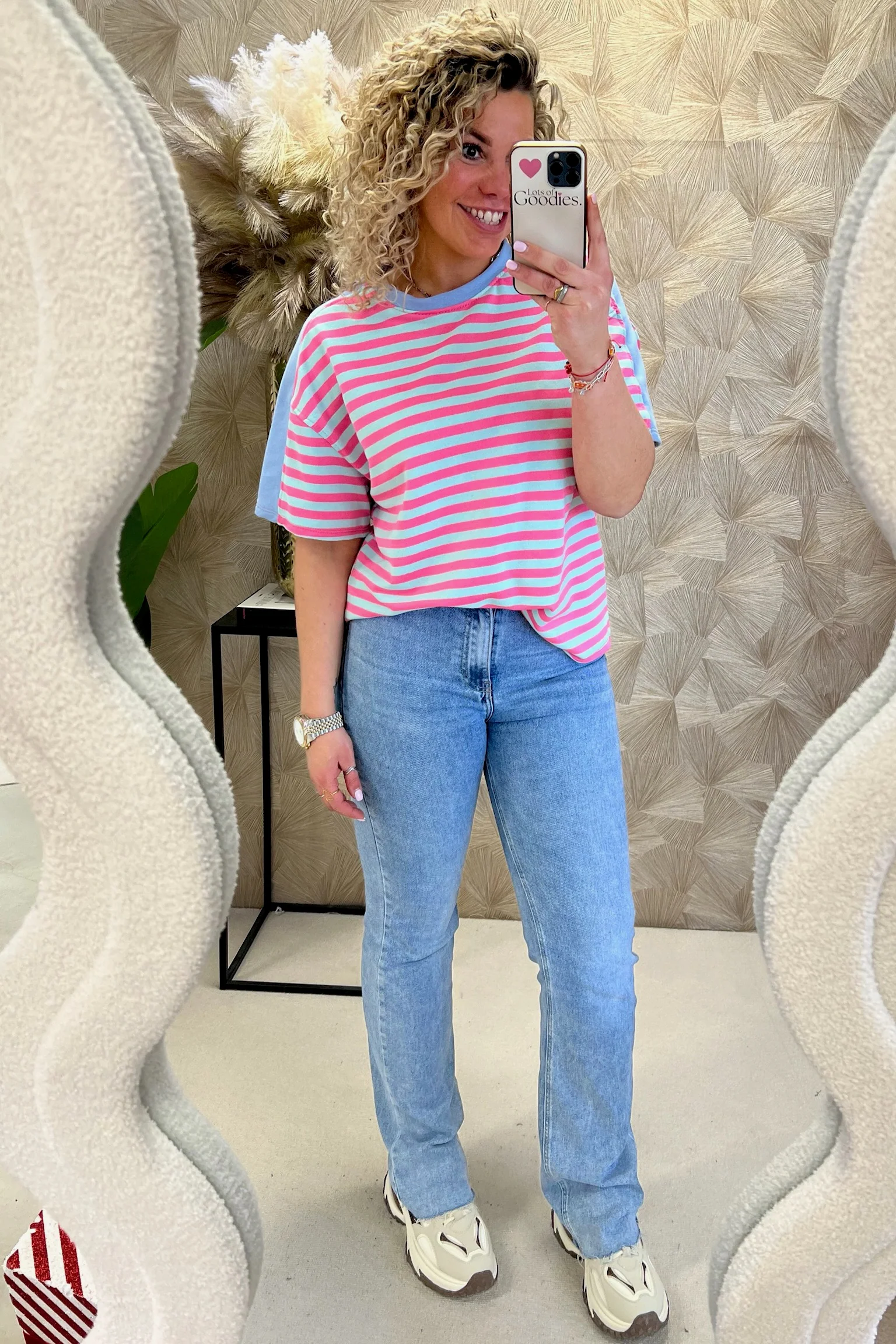 Wonderful Short Sleeve Striped Sweater - Blue/Pink - Image 3