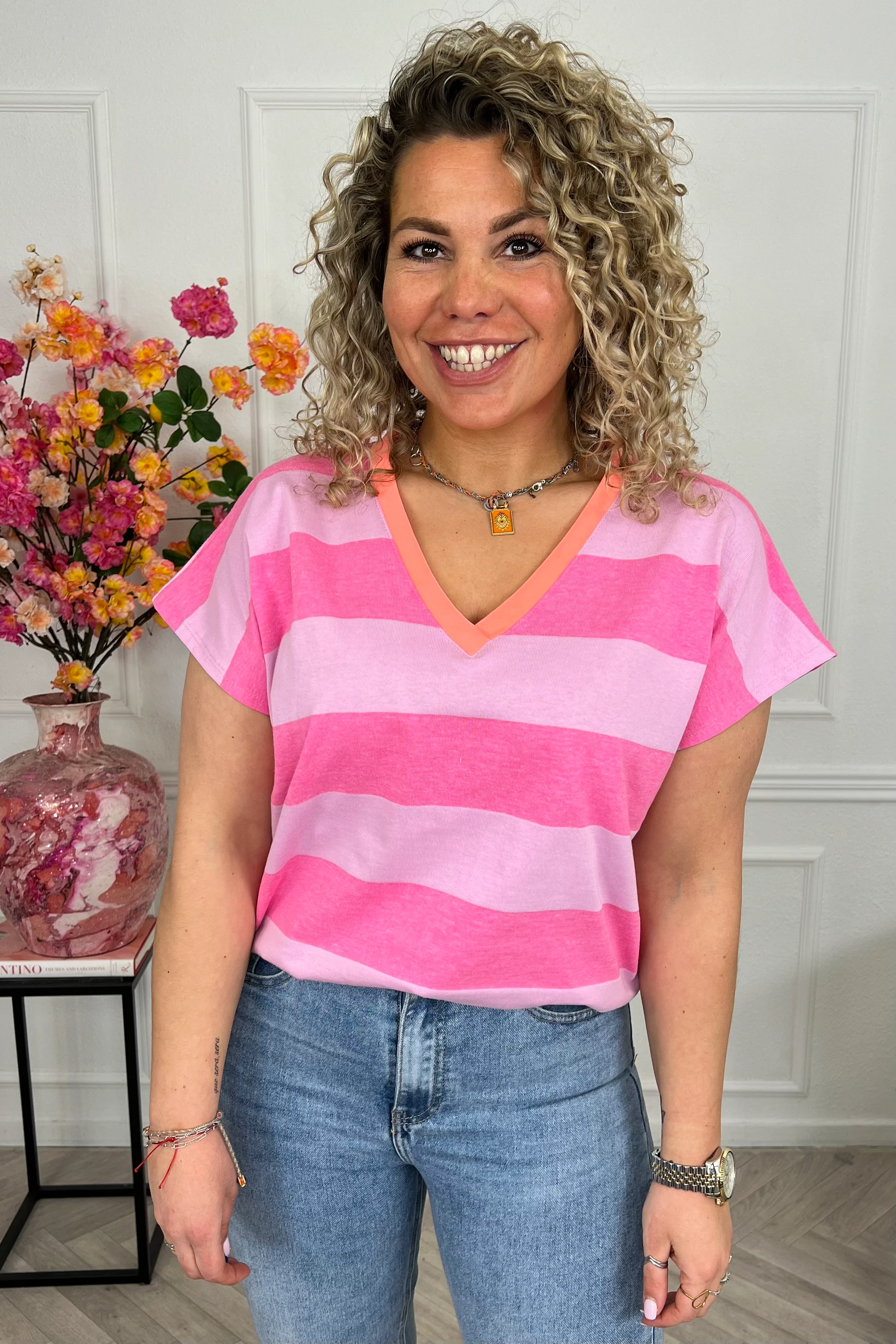 Wonderful V Neck Striped Shirt - Fuchsia/Pink/Orange - Image 2