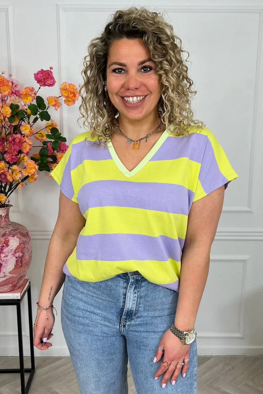 Wonderful V Neck Striped Shirt - Lime/Lila