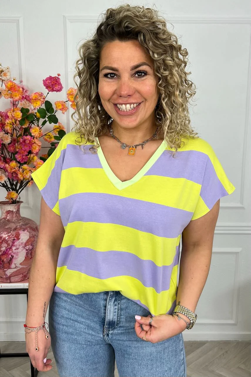 Wonderful V Neck Striped Shirt - Lime/Lila - Image 3